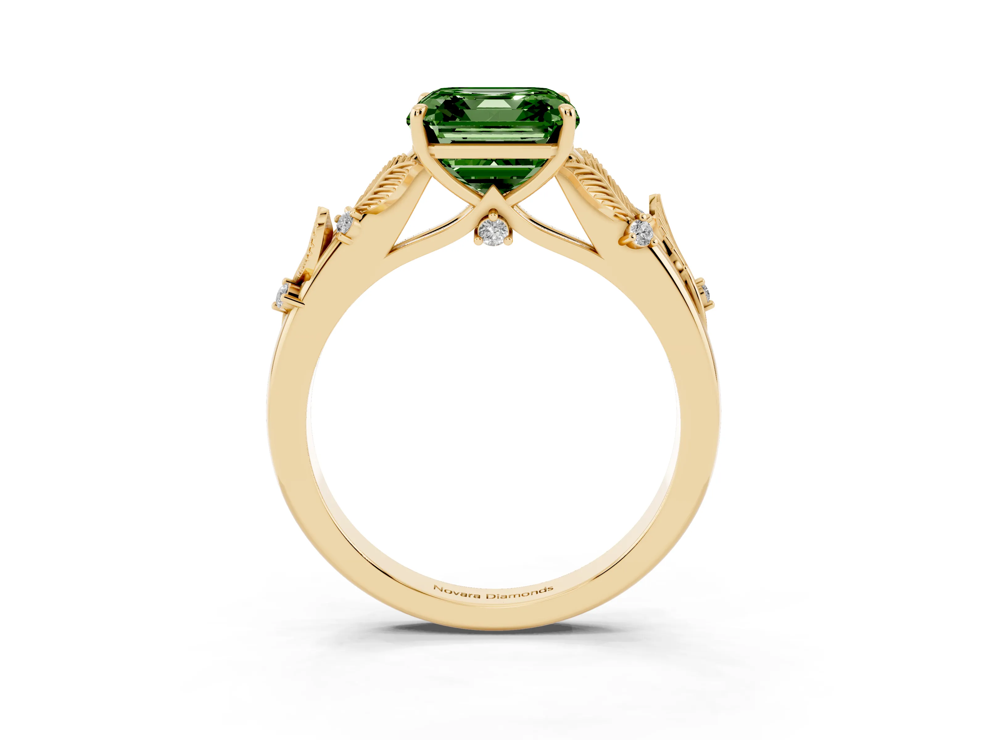 Fancy Green Asscher Cut Diamond Solitaire Ring Set in Yellow gold with Leaf Motif Band