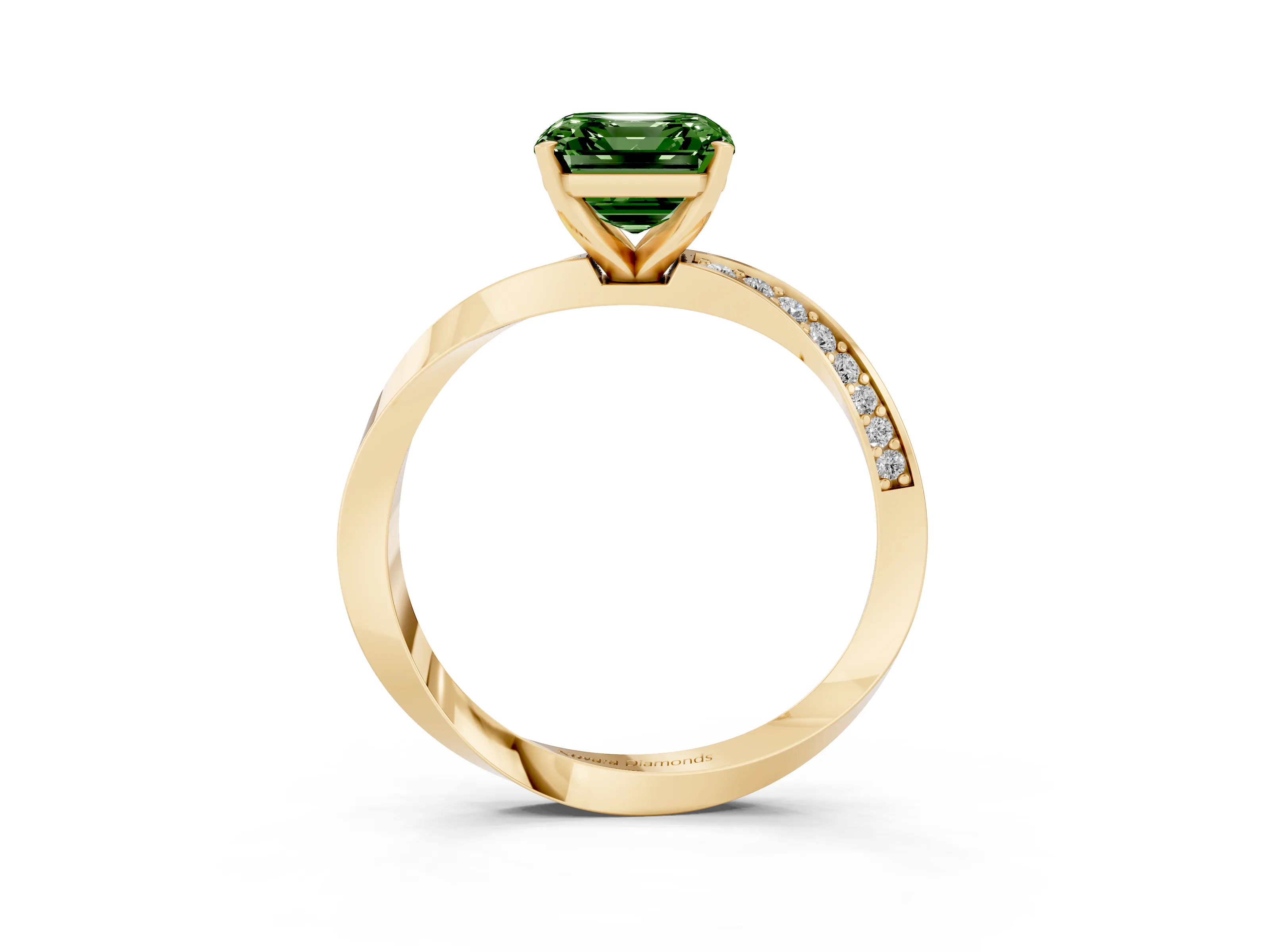 Fancy Green Asscher Cut Diamond Engagement Ring Set in Yellow gold with Side Stone Accents and Prong Setting
