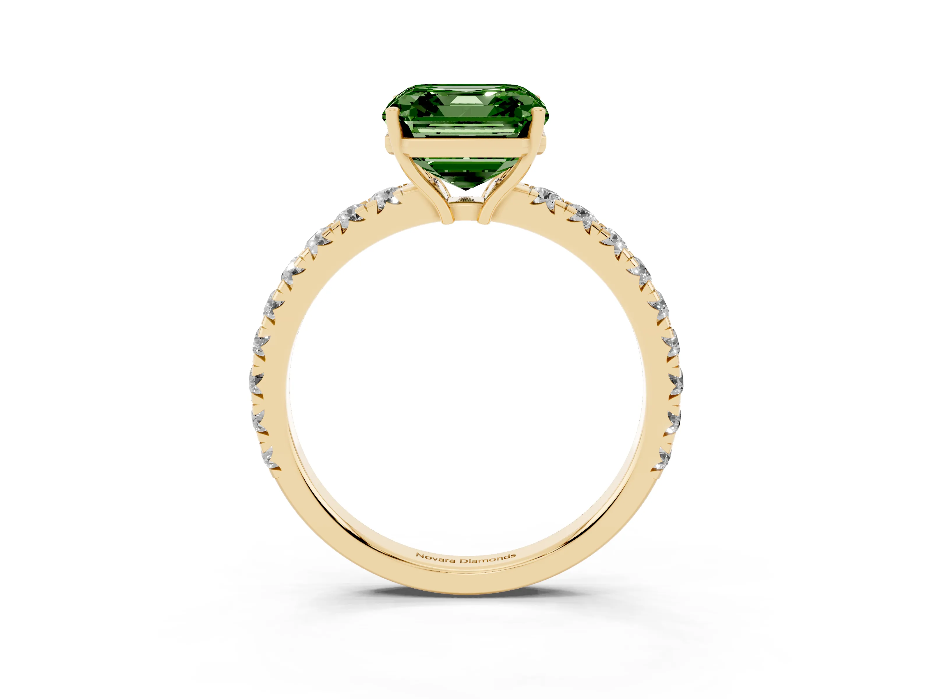 Fancy Green Asscher Cut Diamond Pavé Solitaire Engagement Ring Set in Yellow gold with Prong Setting
