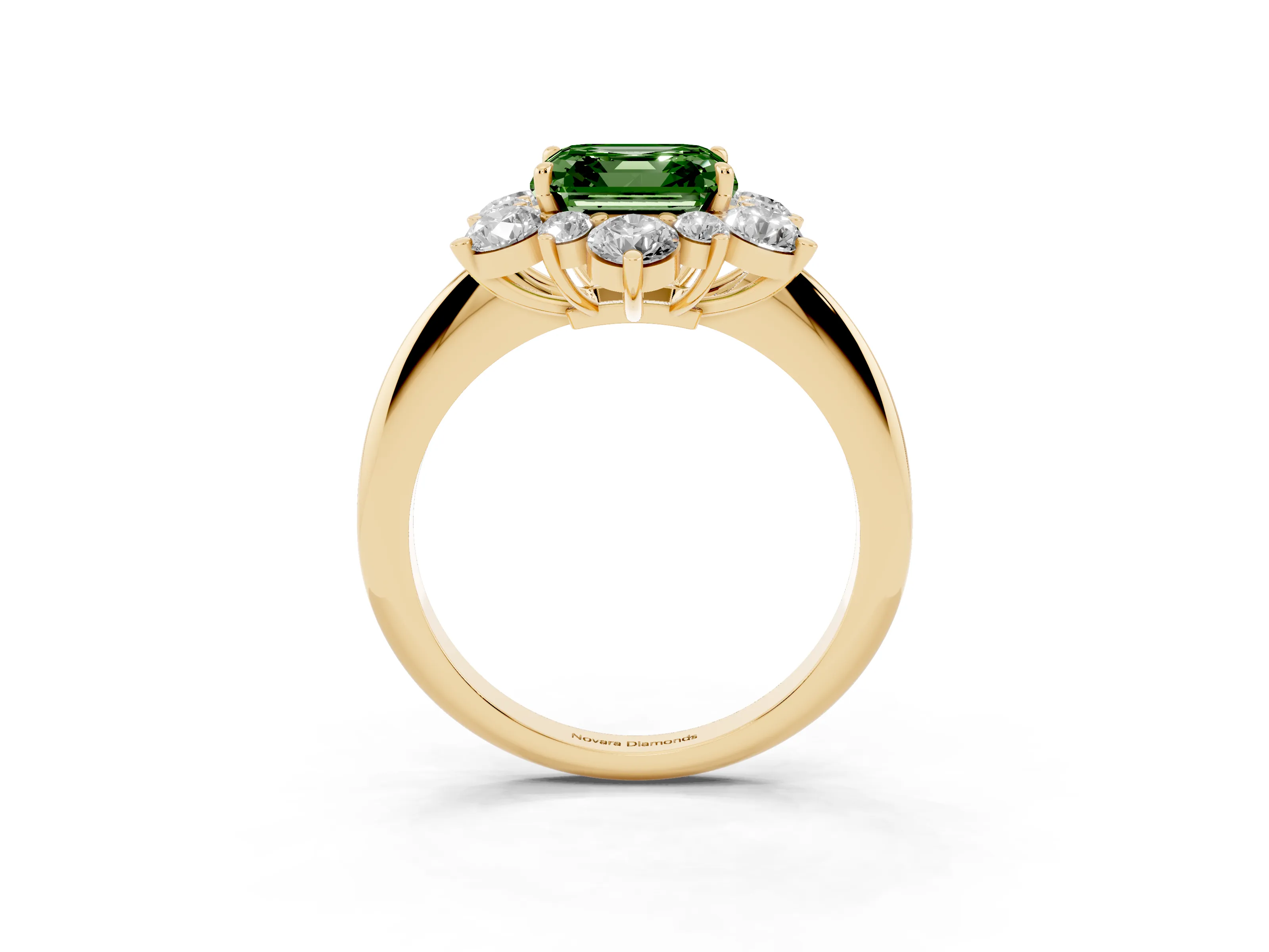 Fancy Green Asscher Cut Diamond Cluster Halo Ring Set in Yellow gold with Solitaire Band and Prong Setting
