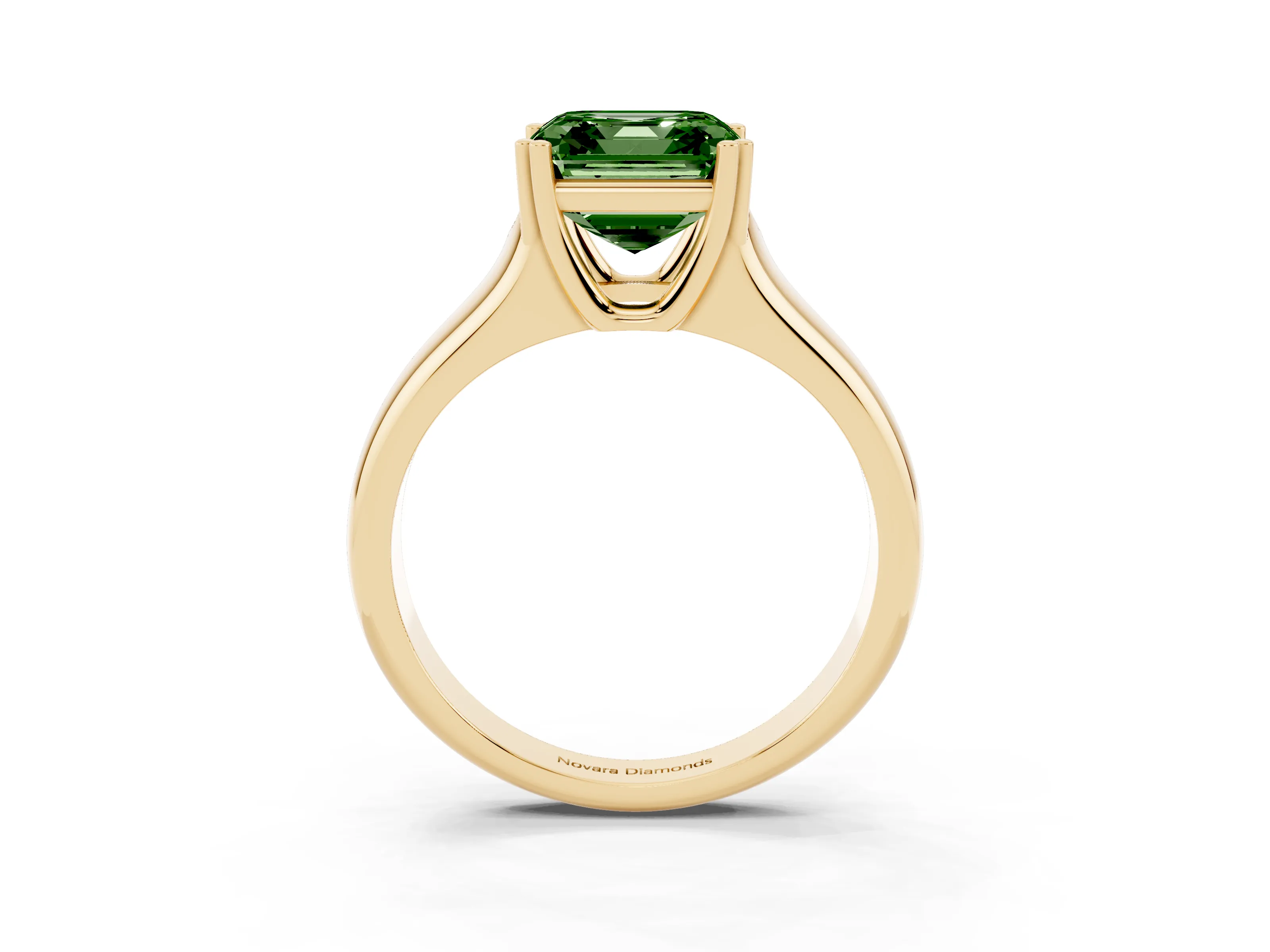 Fancy Green Asscher Cut Diamond Solitaire Ring Set in Yellow gold with Wide Band and Prong Setting