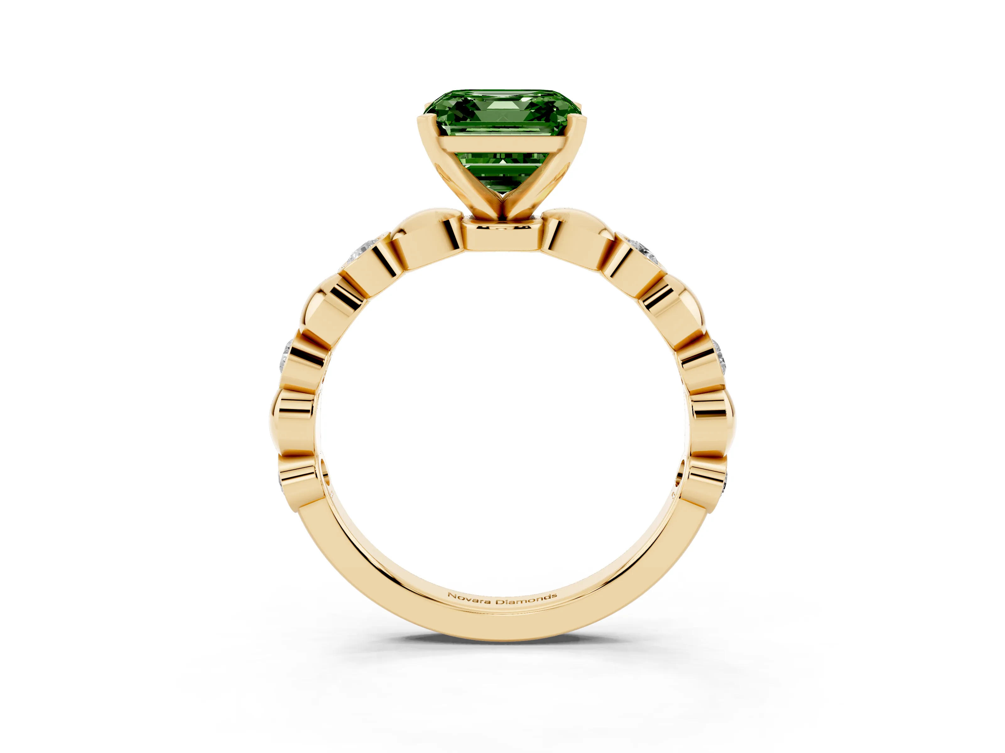 Fancy Green Asscher Cut Diamond Solitaire Ring Set in Yellow gold with Bezel-Set Accents on Beaded Band and Prong Setting