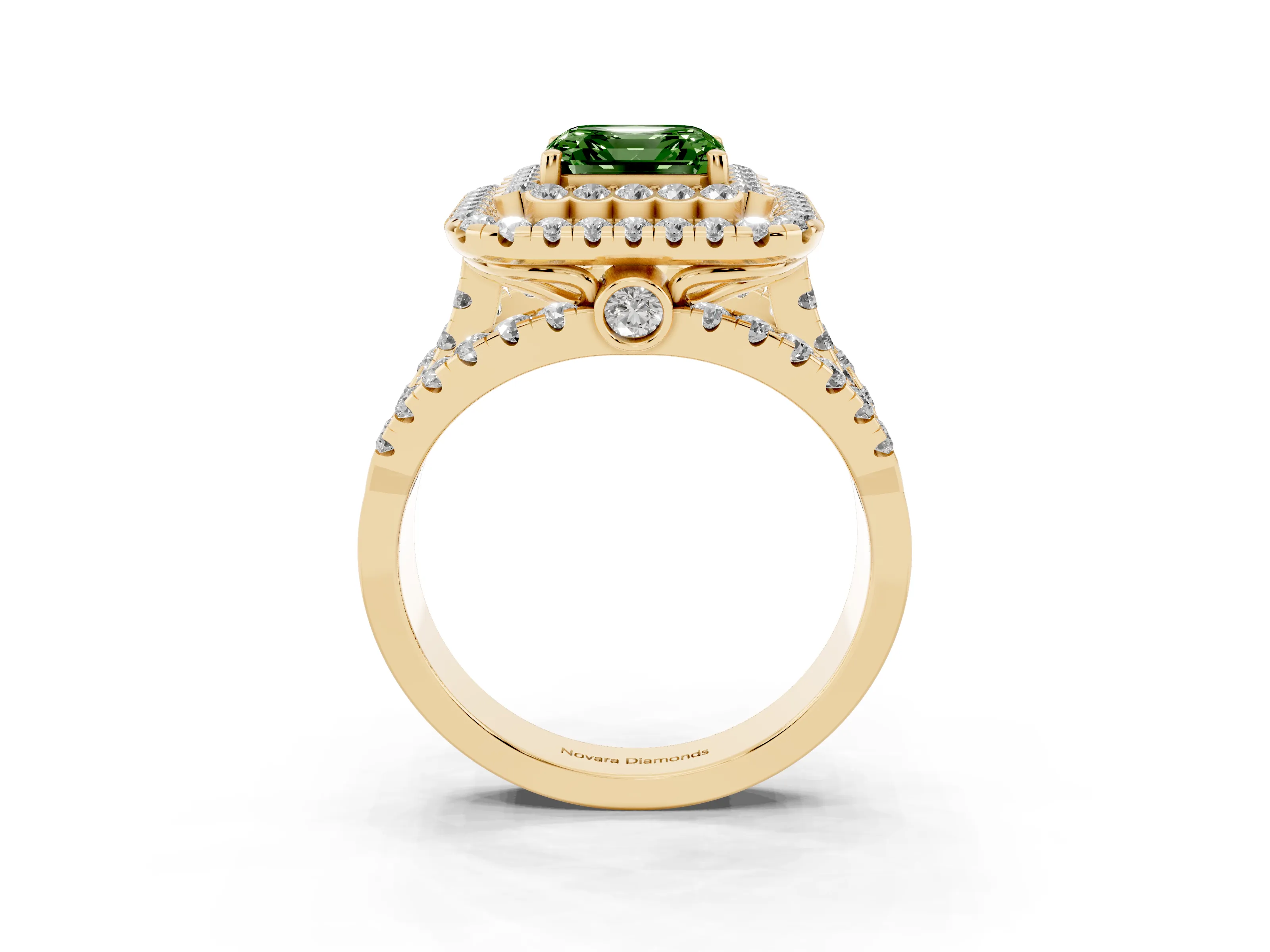 Fancy Green Asscher Cut Diamond Double Halo Ring Set in Yellow gold with Round Pavé Split Shank