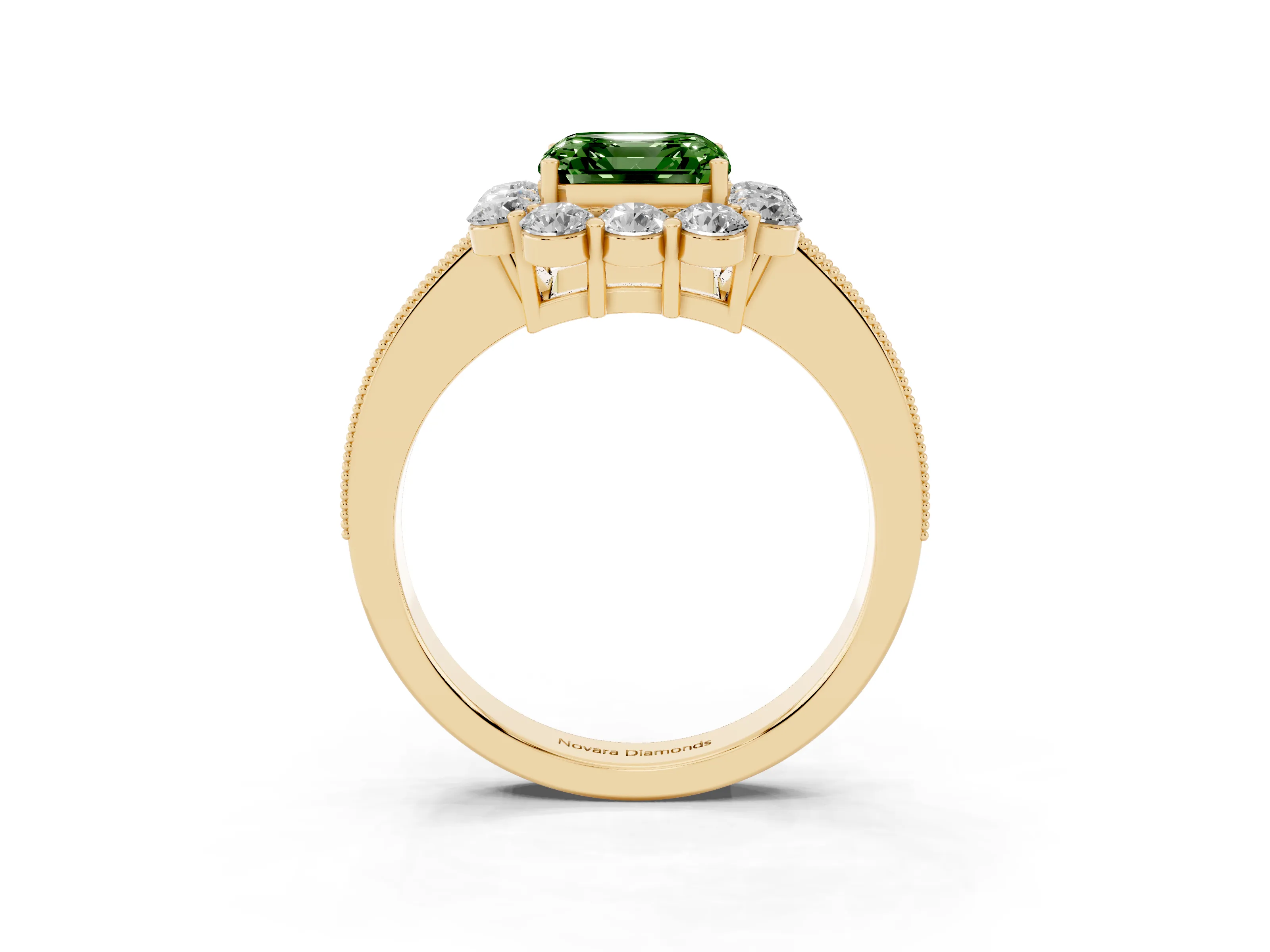 Fancy Green Asscher Cut Diamond Halo Pavé Engagement Ring Set in Yellow gold with Milgrain Detailing
