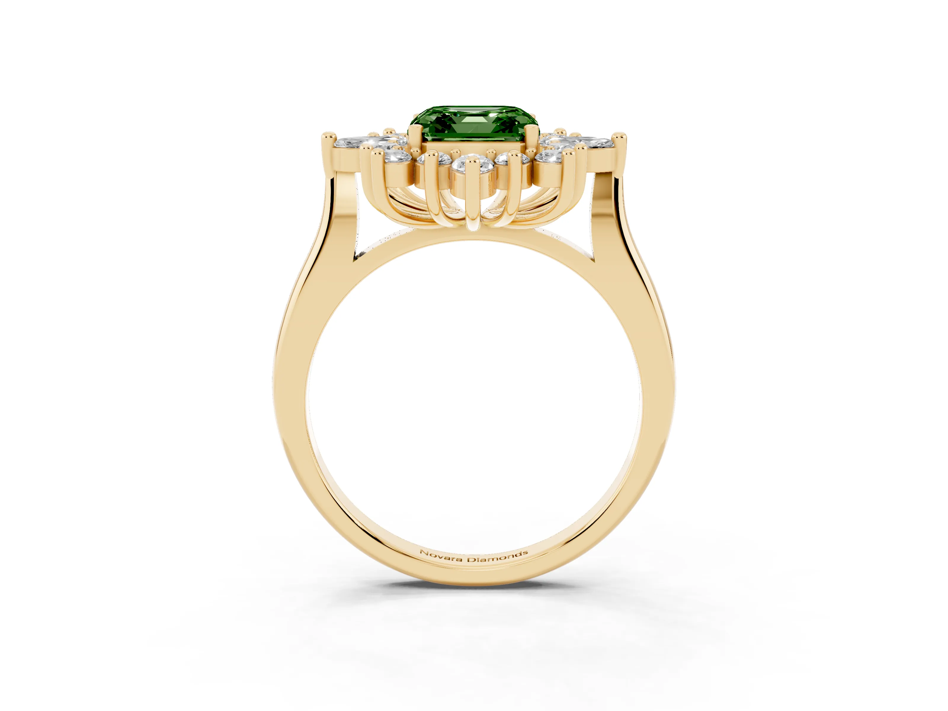 Fancy Green Asscher Cut Diamond Cluster Halo Ring Set in Yellow gold with Marquise and Round Accents
