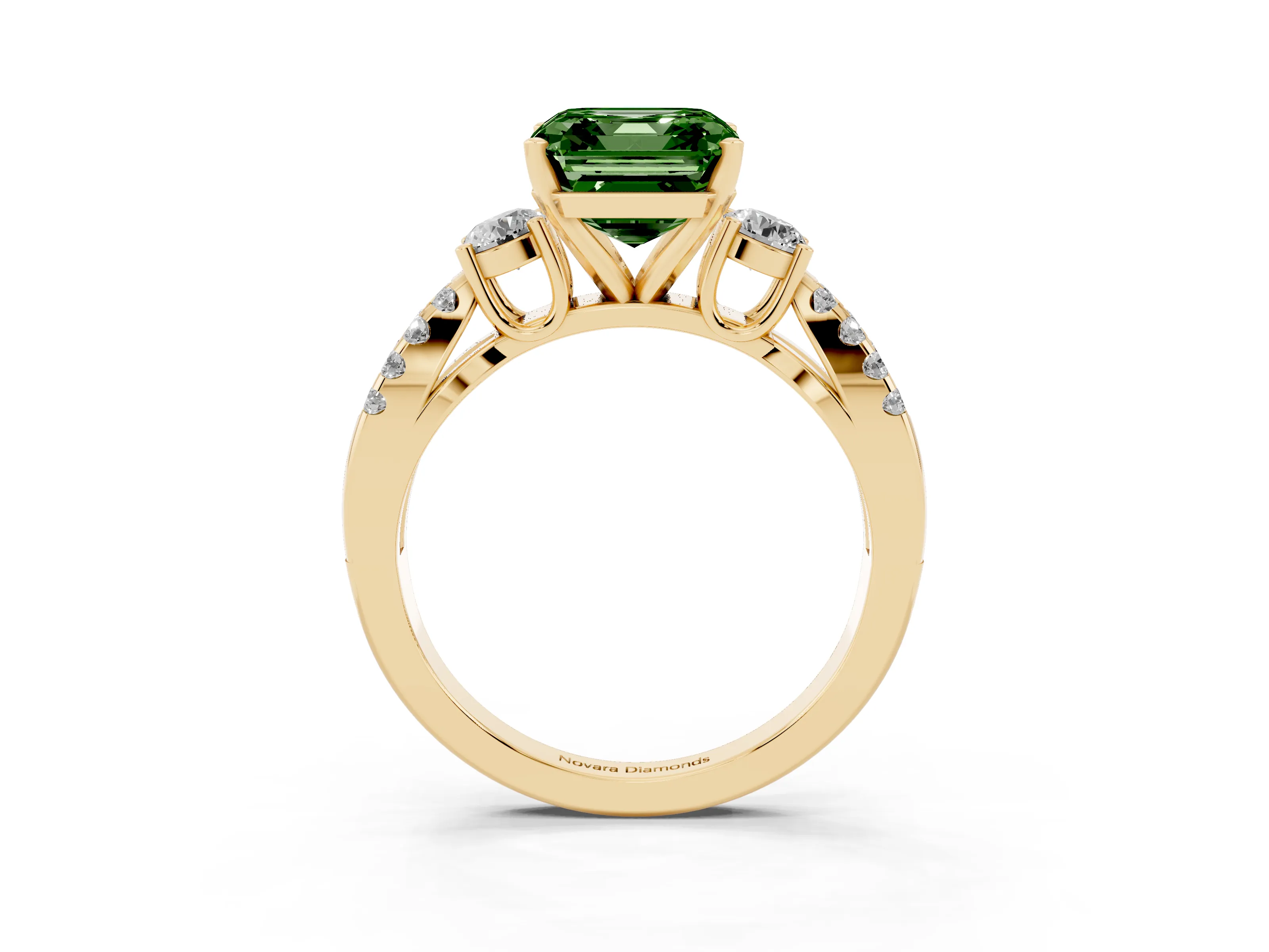 Fancy Green Asscher Cut Diamond Three-Stone Ring Set in Yellow gold with Pavé Split Shank and Prong Setting