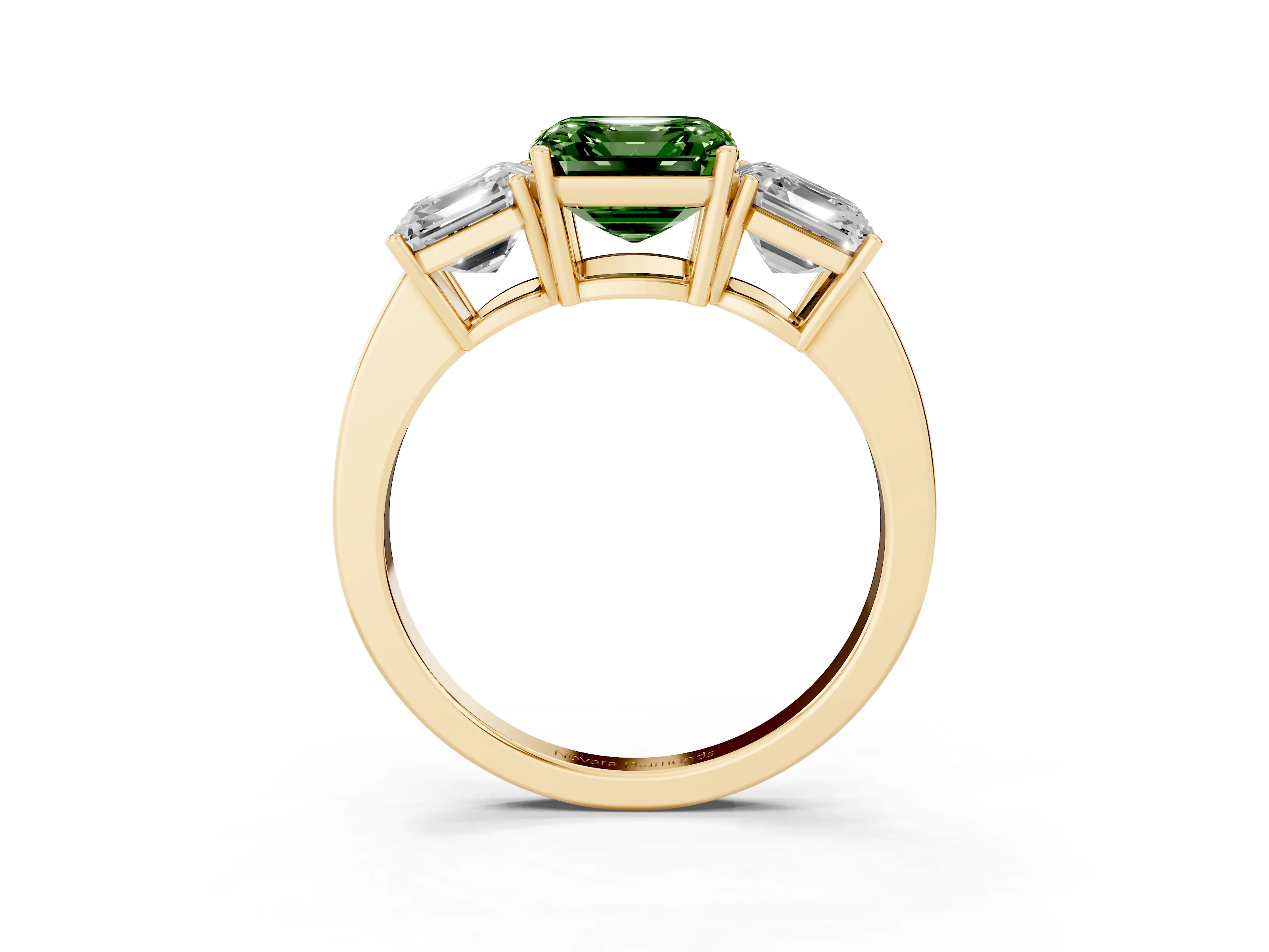Fancy Green Asscher Cut Diamond Three-Stone Engagement Ring Set in Yellow gold with Flat Band