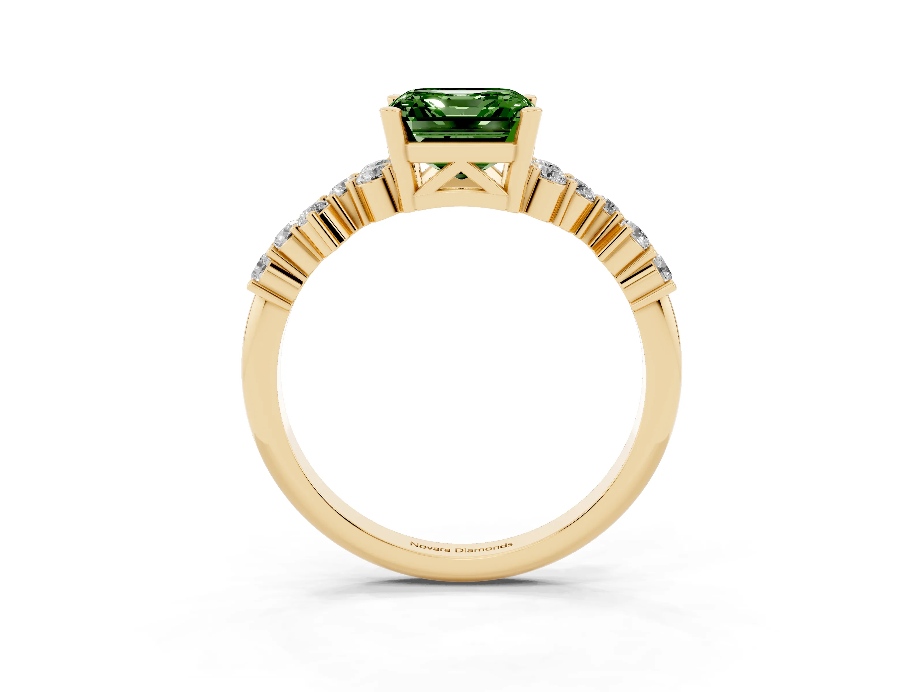 Fancy Green Asscher Cut Diamond Ring Set in Yellow gold with Scattered Round Accents