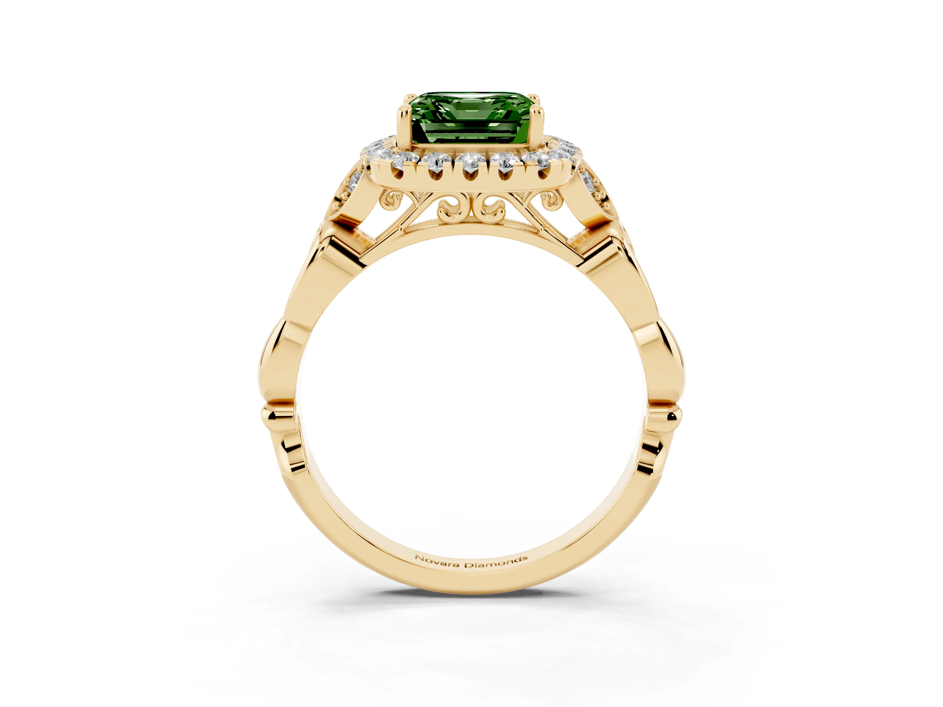 Fancy Green Asscher Cut Diamond Halo Engagement Ring Set in Yellow gold with Vintage-Inspired Band and Prong Setting