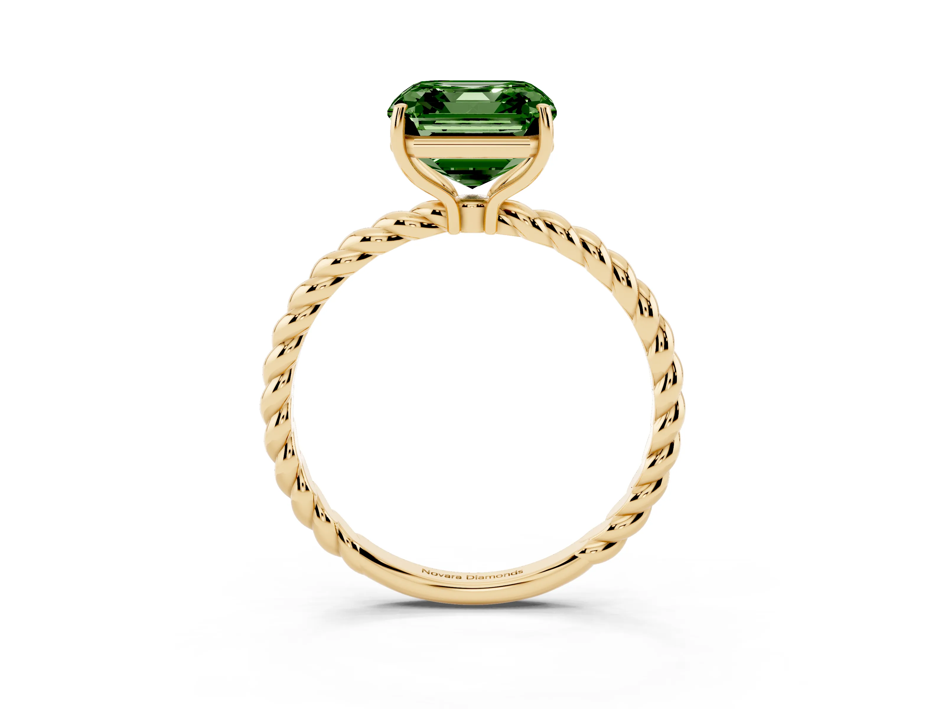 Fancy Green Asscher Cut Diamond Solitaire Ring Set in Yellow gold with Twist Band and Prong Setting