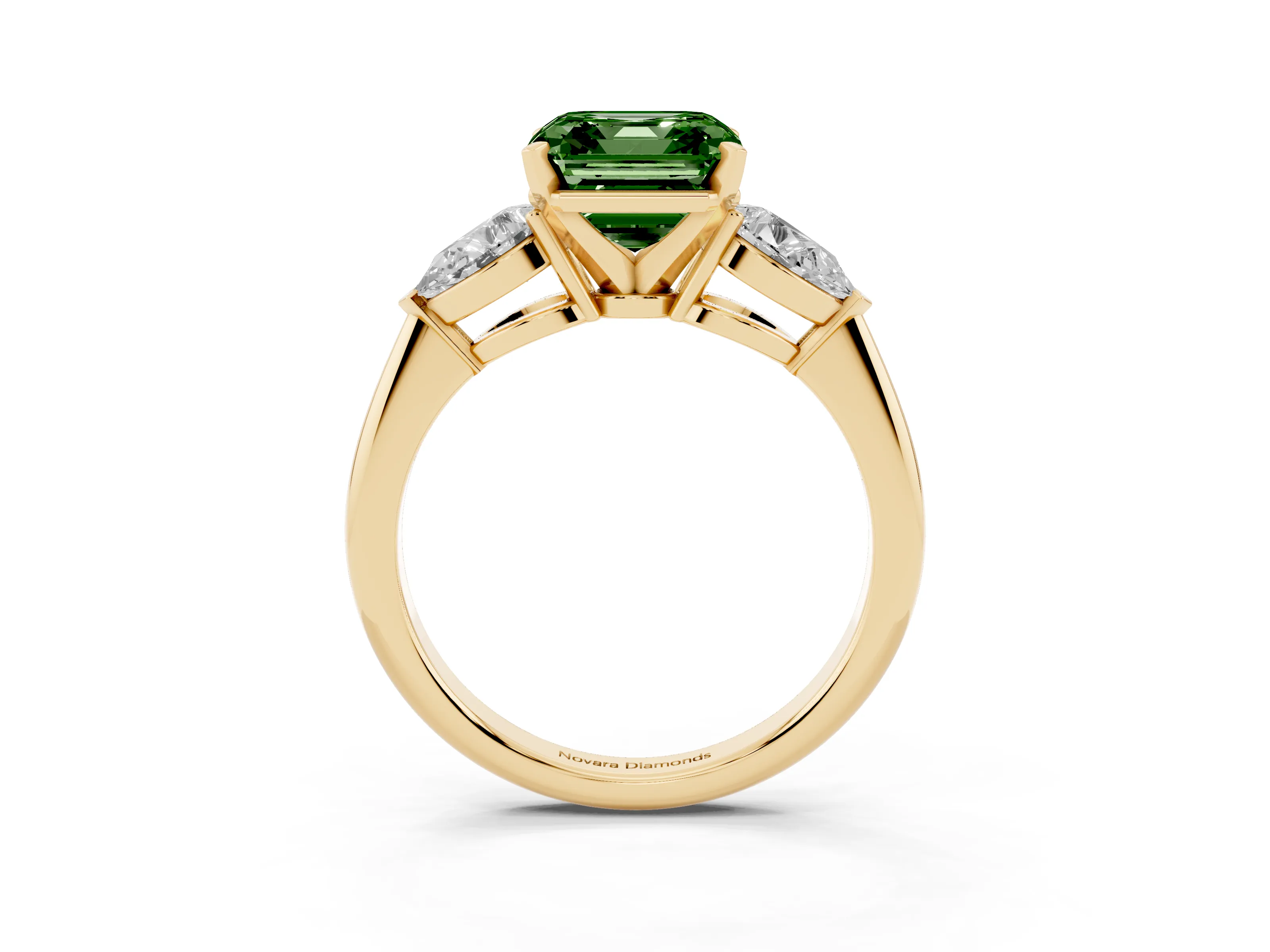 Fancy Green Three-Stone Asscher Cut Diamond Ring Set in Yellow gold with Pear Side Stones and Prong Setting
