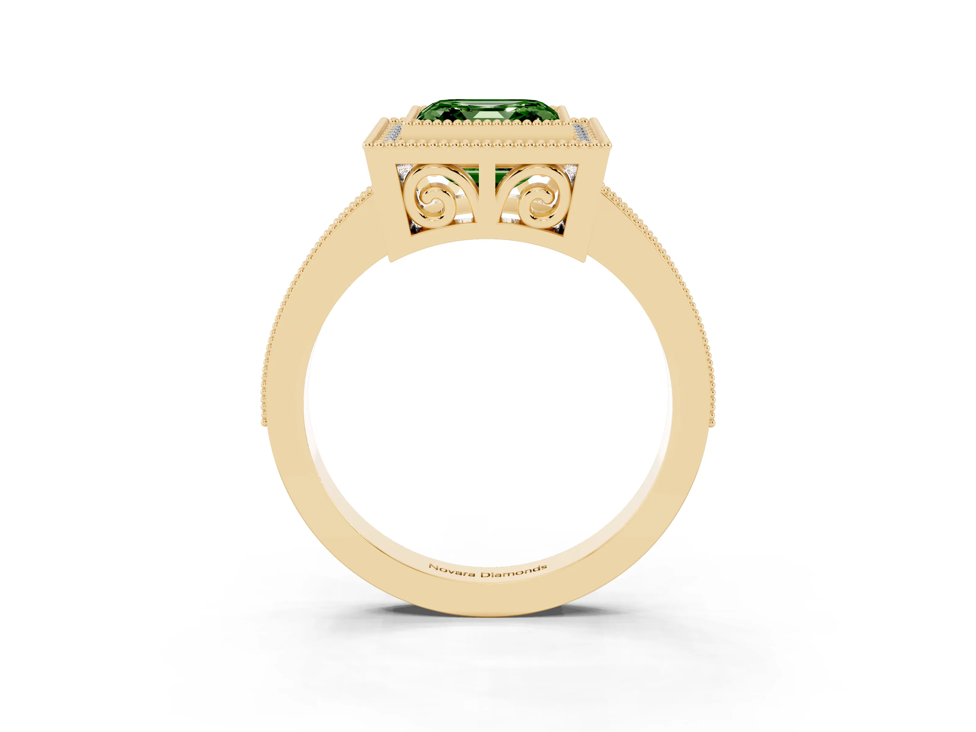 Fancy Green Asscher Cut Diamond Round Halo Ring Set in Yellow gold with Pavé Band