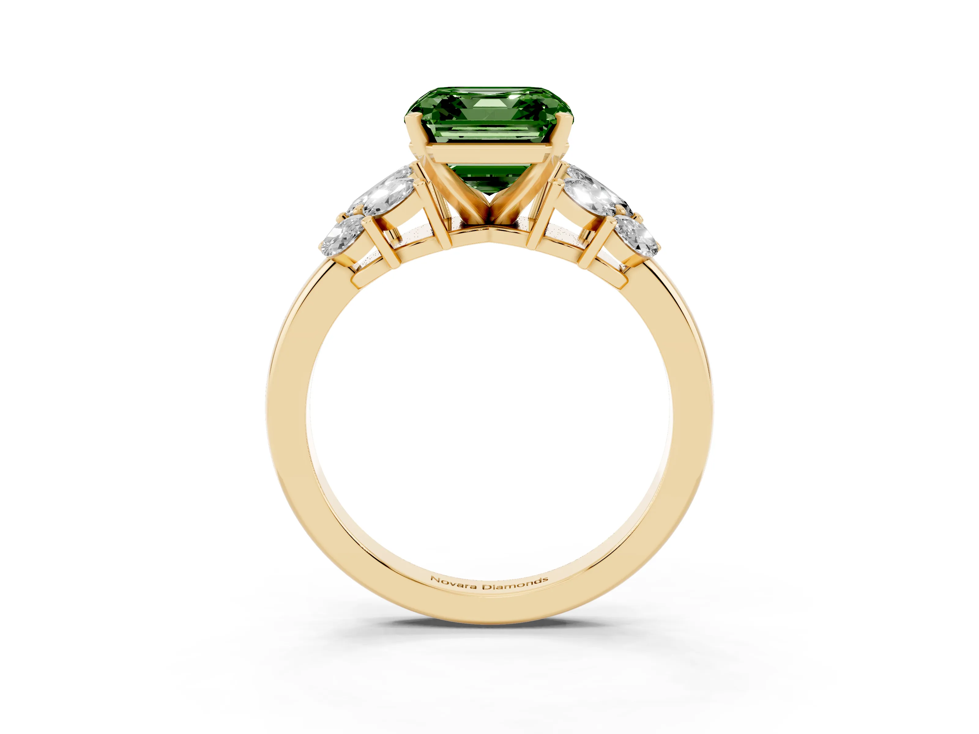 Fancy Green Asscher Cut Diamond Cluster Leaf Design Ring Set in Yellow gold with Prong Setting