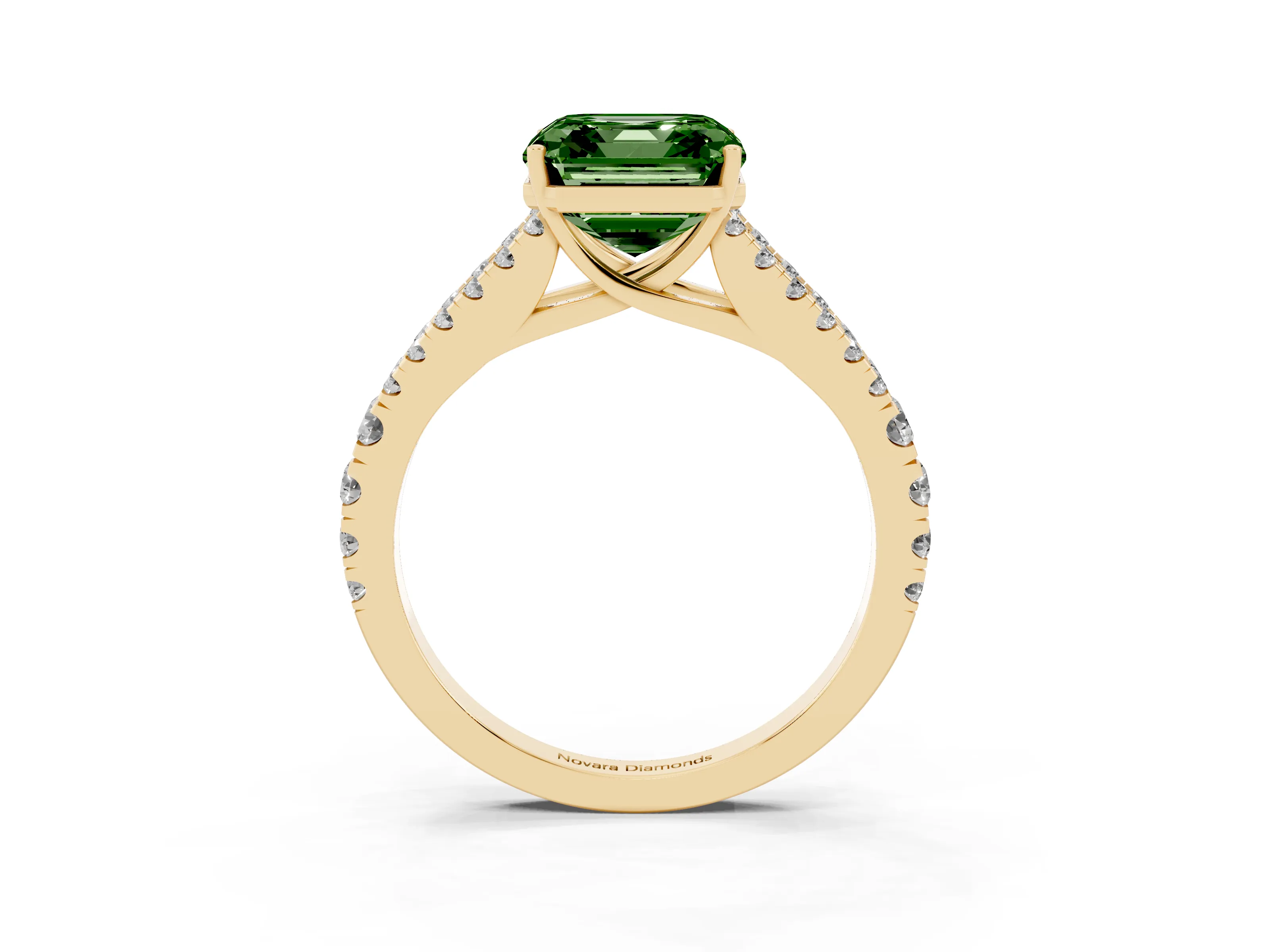 Fancy Green Asscher Cut Diamond Split Shank Pavé Engagement Ring Set in Yellow gold with Prong-Held Center Stone