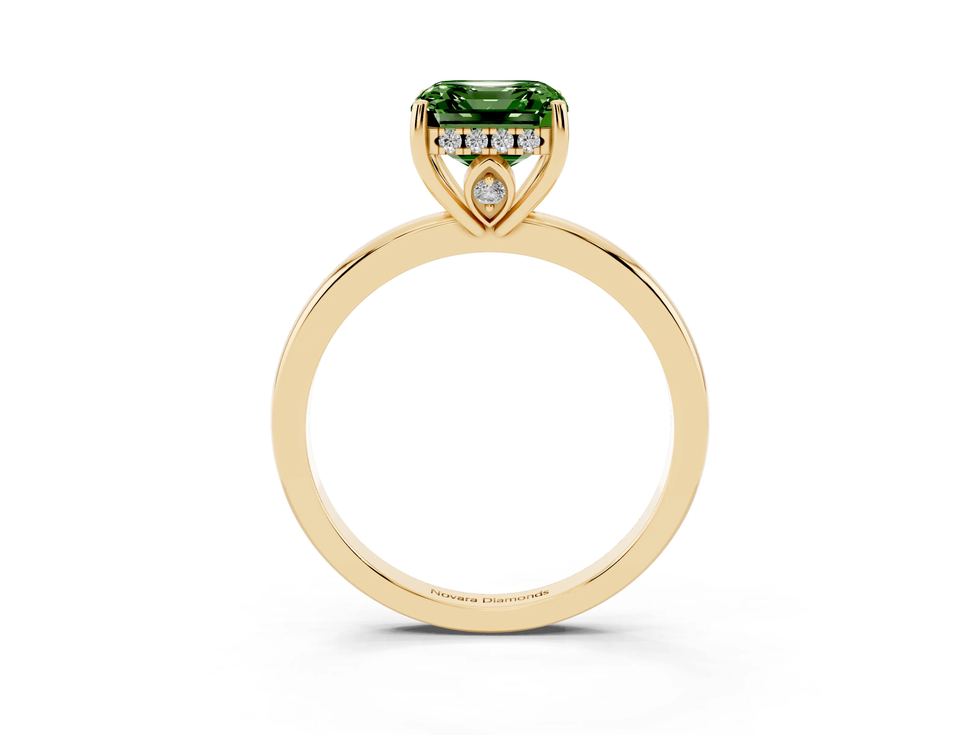 Fancy Green Asscher Cut Diamond Solitaire Ring Set in Yellow gold with Plain Band and Prong Setting