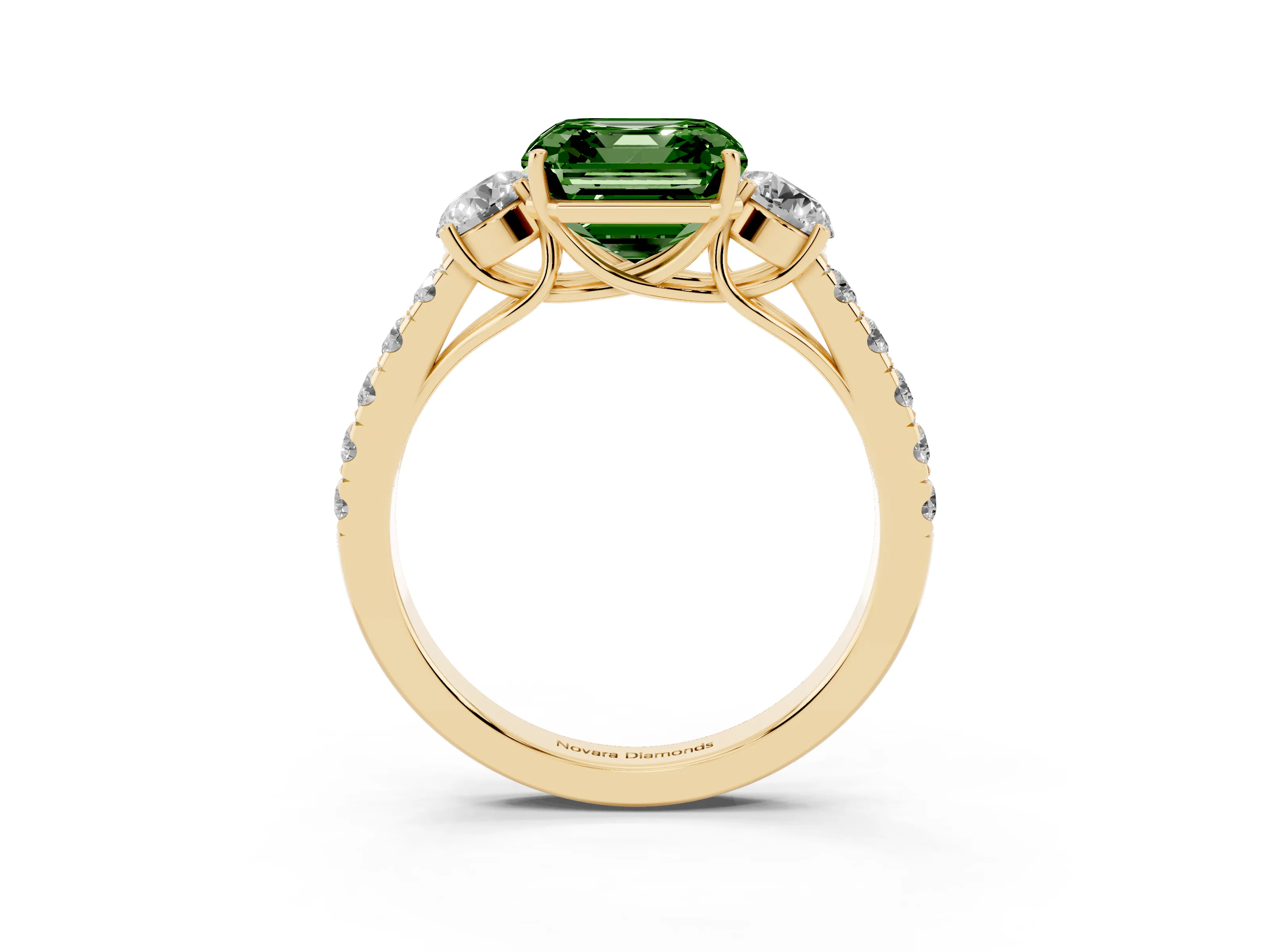 Fancy Green Asscher Cut Diamond Three-Stone Ring Set in Yellow gold with Round Side Stones and Delicate Pavé Band