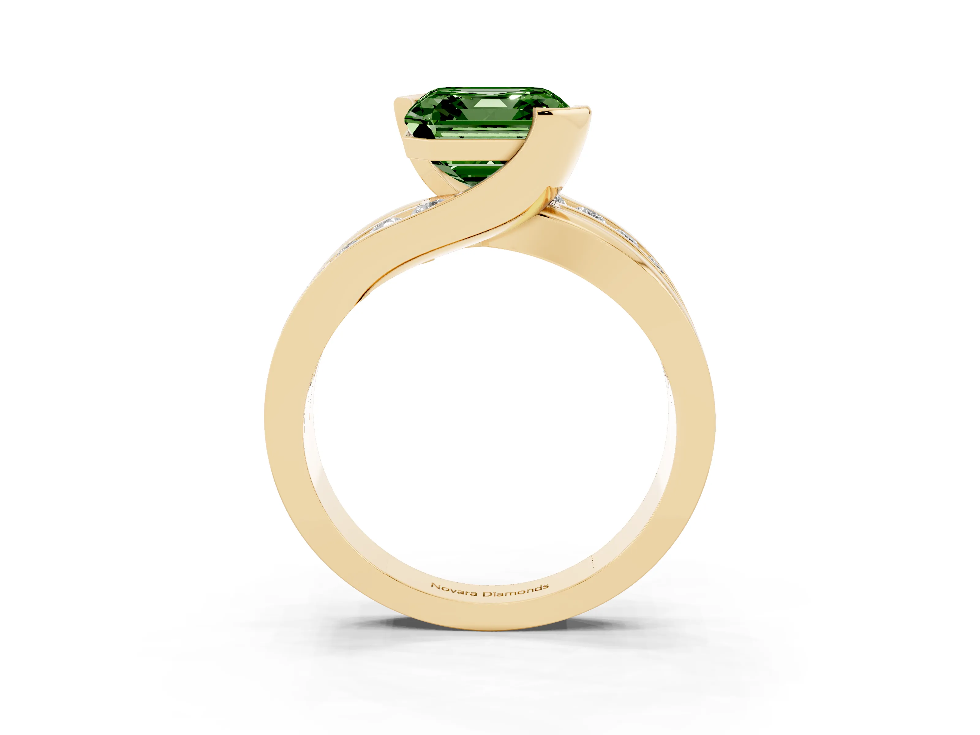 Fancy Green Asscher Cut Diamond Solitaire Ring Set in Yellow gold with Channel Set Split Shank and Tension Prongs