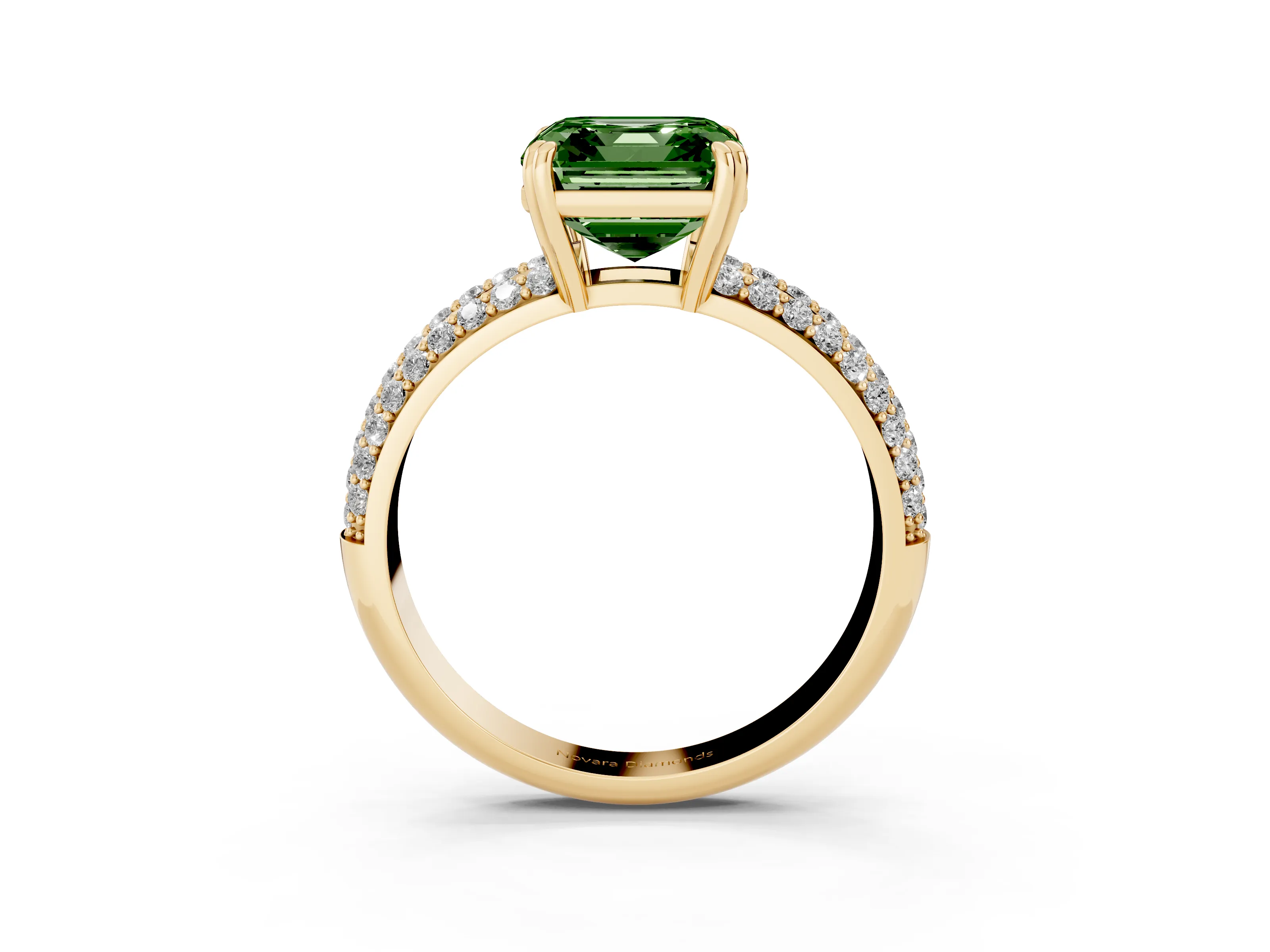 Fancy Green Asscher Cut Diamond Solitaire Ring Set in Yellow gold with Multi-Row Round Pavé Band and Prong Setting