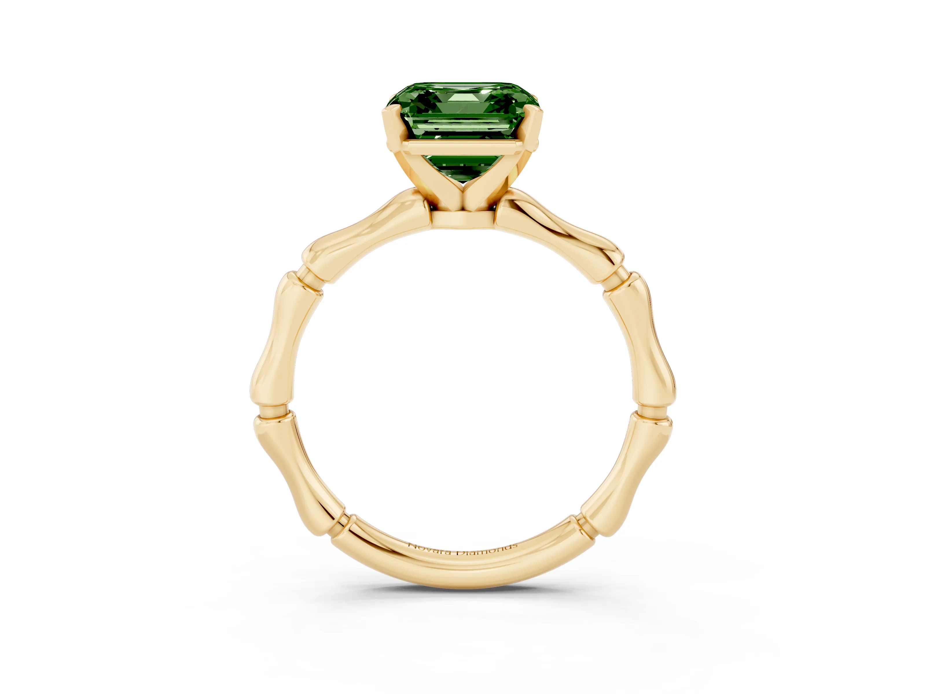 Fancy Green Asscher Cut Diamond Solitaire Ring Set in Yellow gold with Bamboo Band and Prong Setting