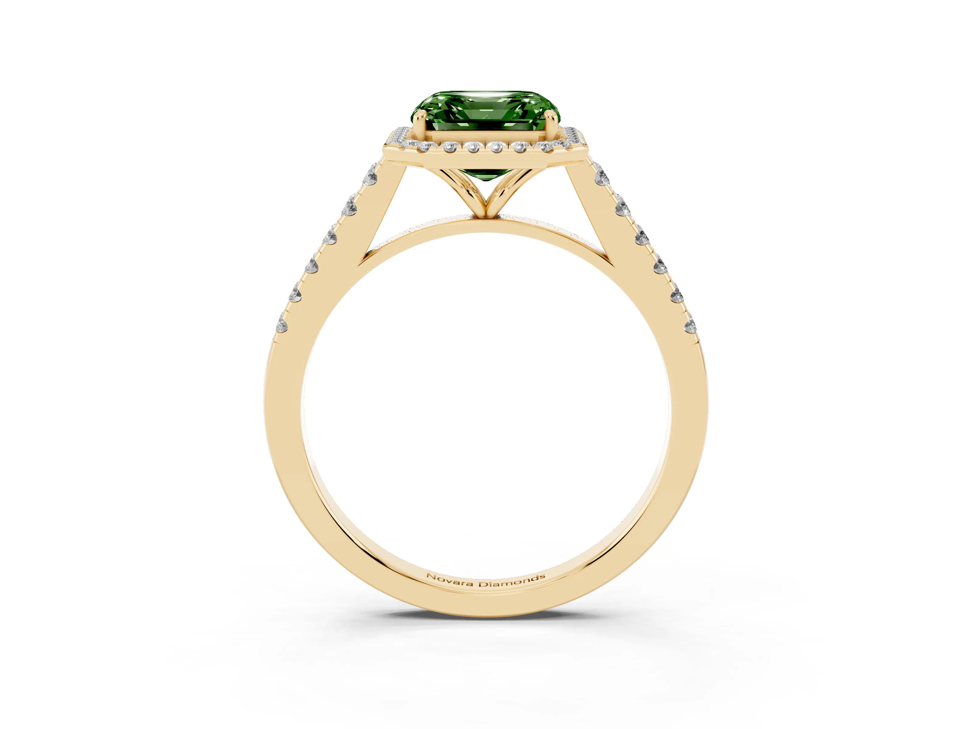 Fancy Green Asscher Cut Diamond Halo Pavé Engagement Ring Set in Yellow gold with Prong Setting