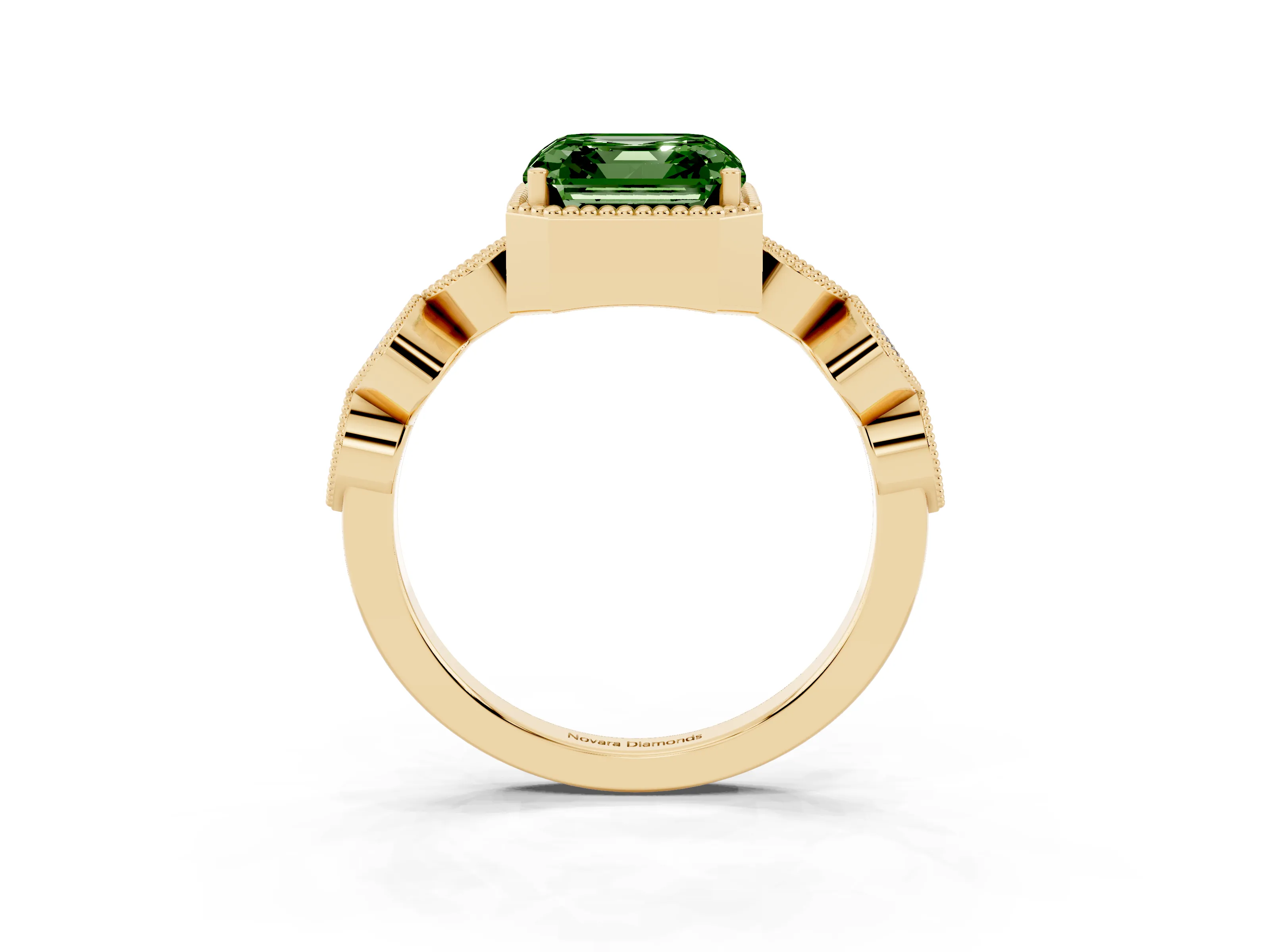 Fancy Green Asscher Cut Diamond Vintage-Inspired Milgrain Ring Set in Yellow gold with Marquise Stations of Round Accents