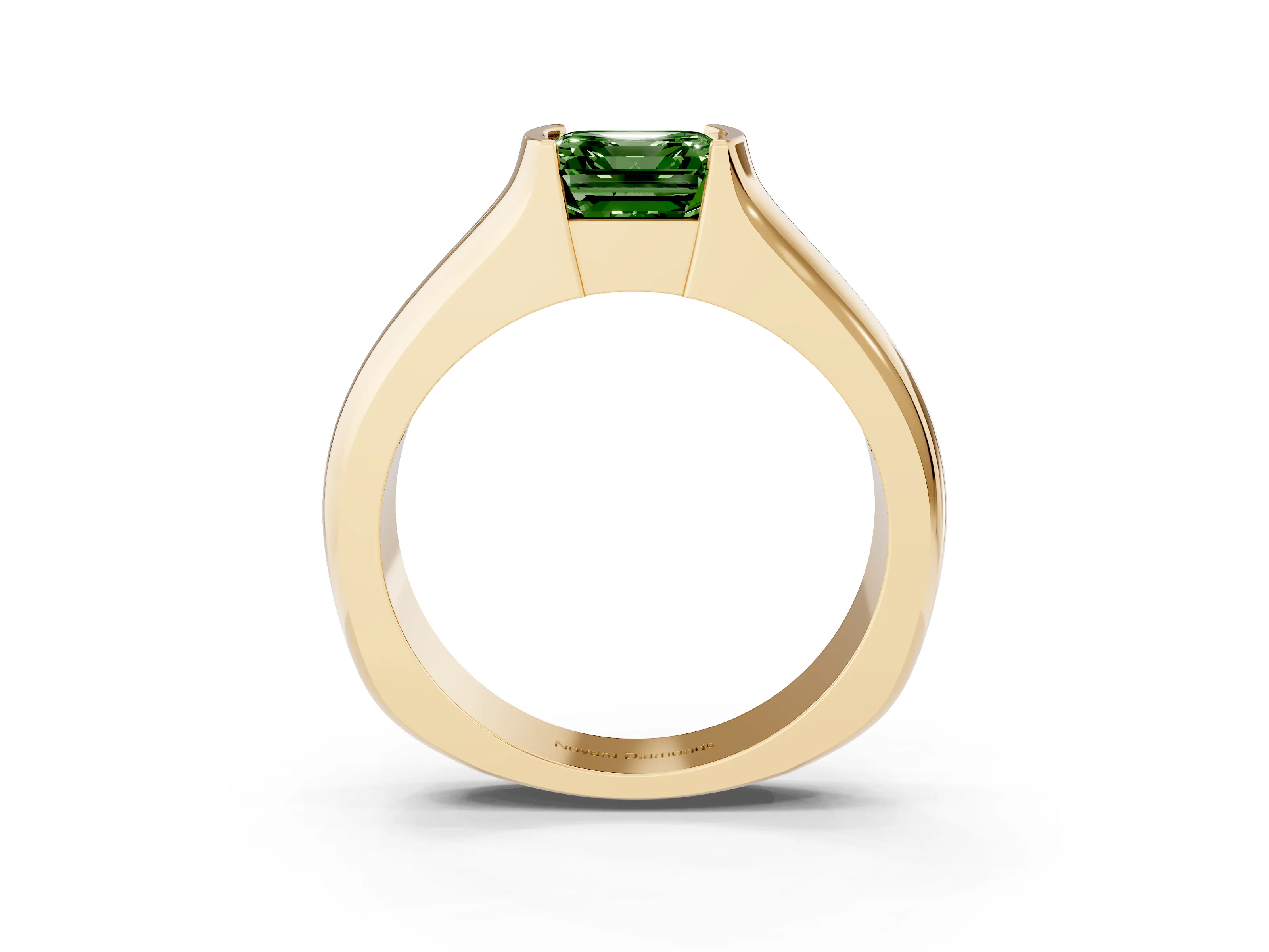 Fancy Green Asscher Cut Diamond Bezel Solitaire Ring Set in Yellow gold with Wide Band