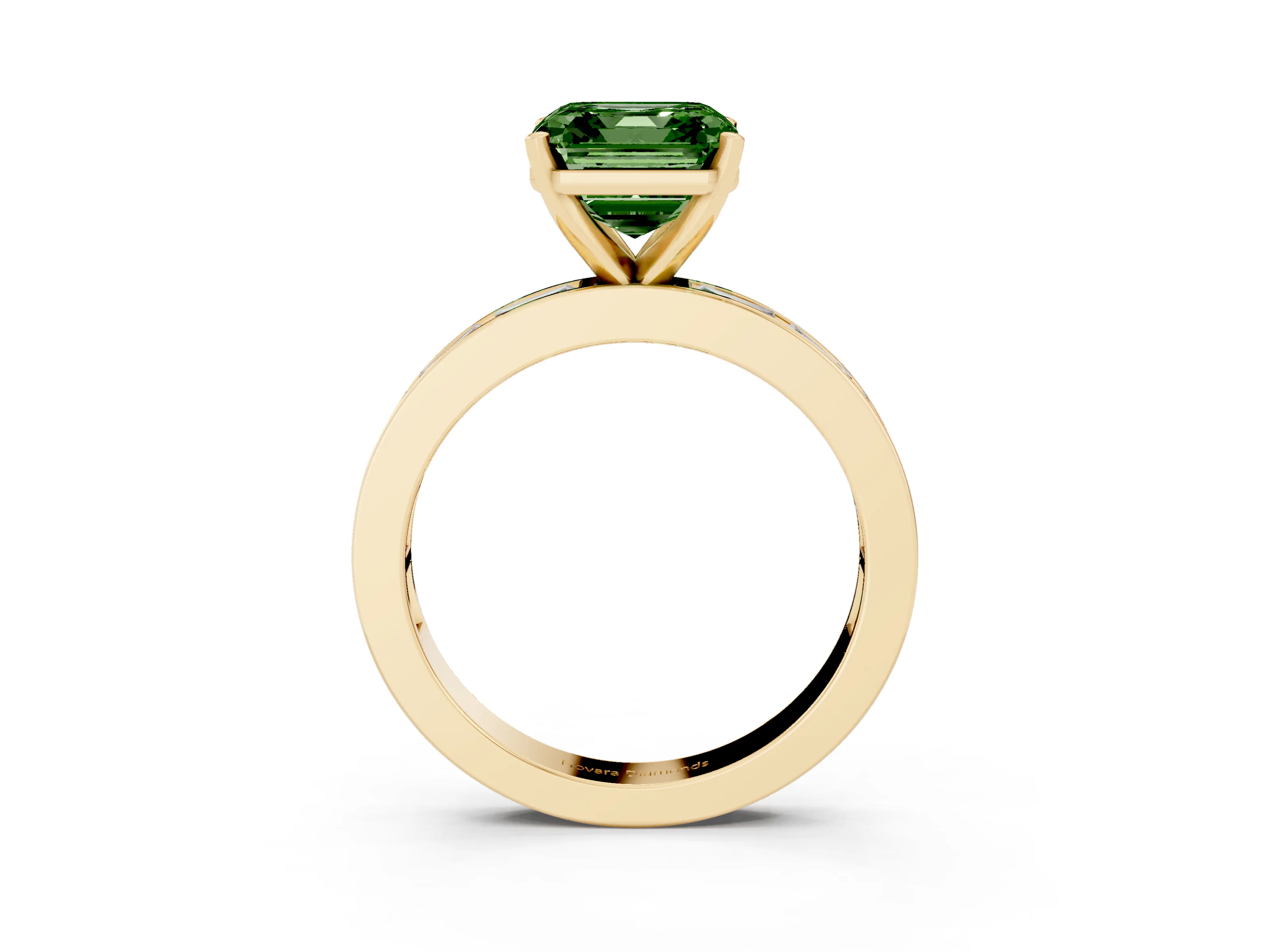 Fancy Green Asscher Cut Diamond Solitaire Ring Set in Yellow gold with Channel-Set Baguette Band and Prong Setting