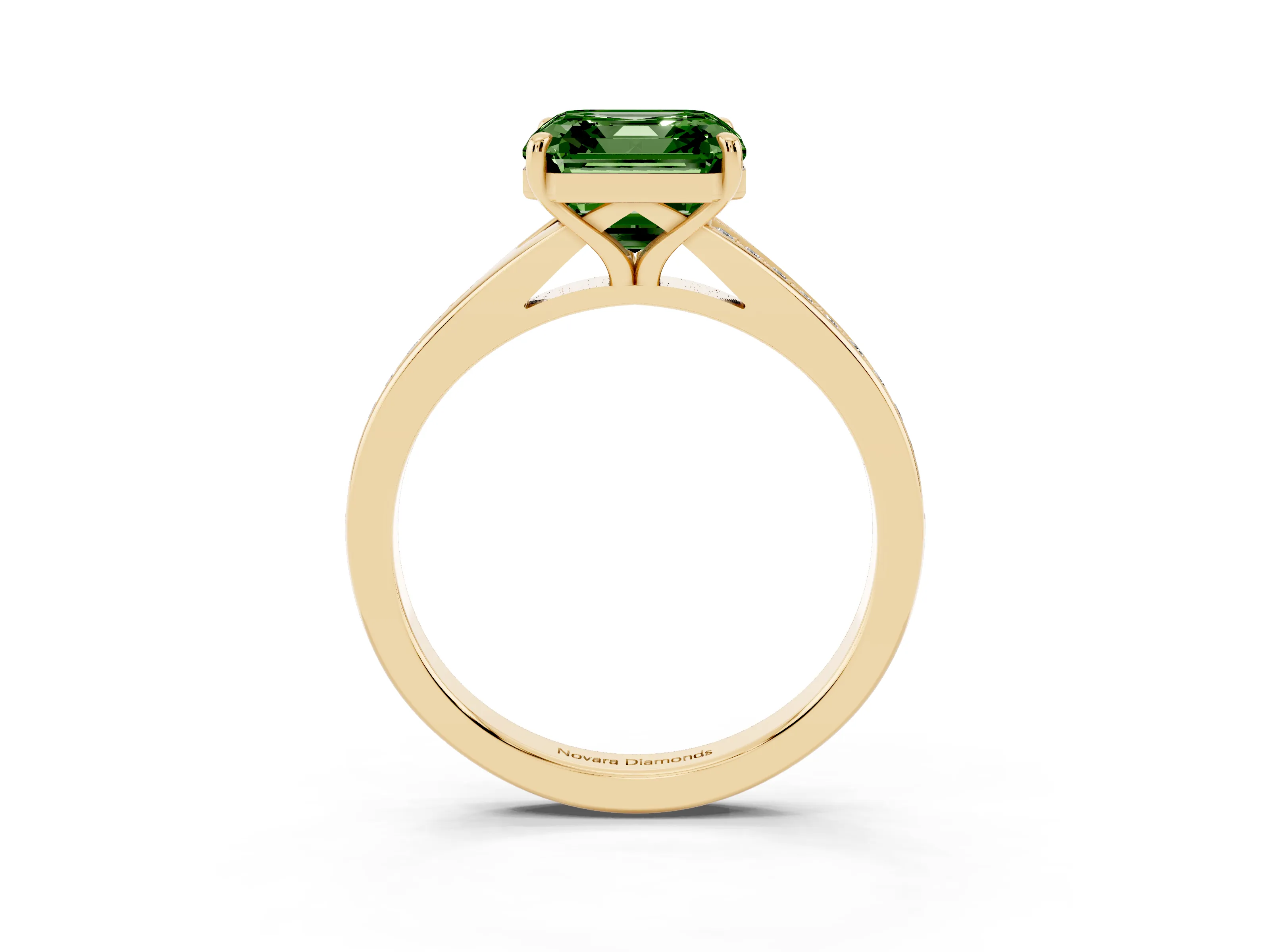 Fancy Green Asscher Cut Diamond Solitaire Ring Set in Yellow gold with Pavé Accent Band and Classic Prong Setting