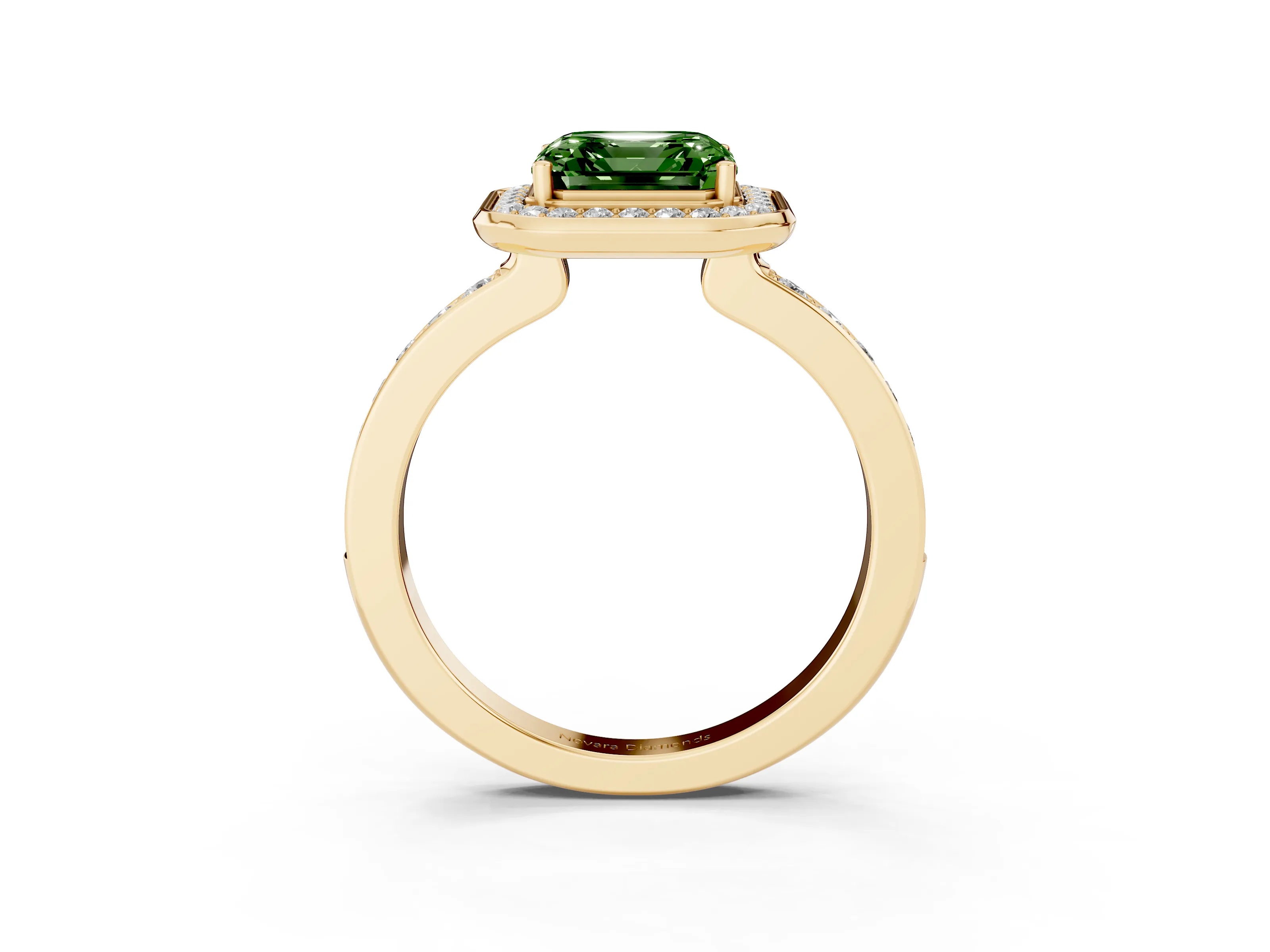 Fancy Green Asscher Cut Diamond Halo Ring Set in Yellow gold with Bezel Frame and Pavé Band