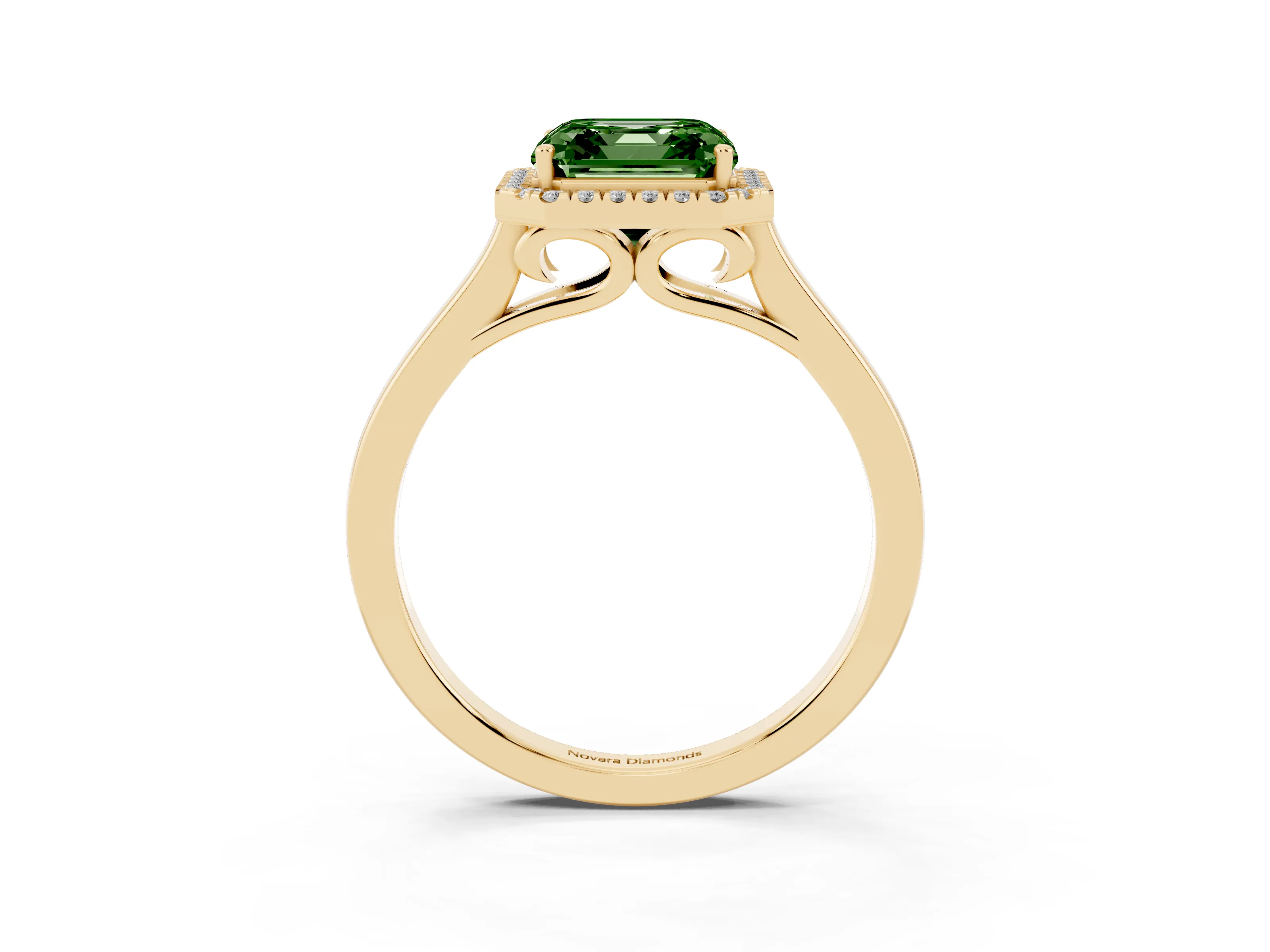 Fancy Green Asscher Cut Halo Round Diamond Solitaire Ring Set in Yellow gold with Pavé Band and Prong Setting