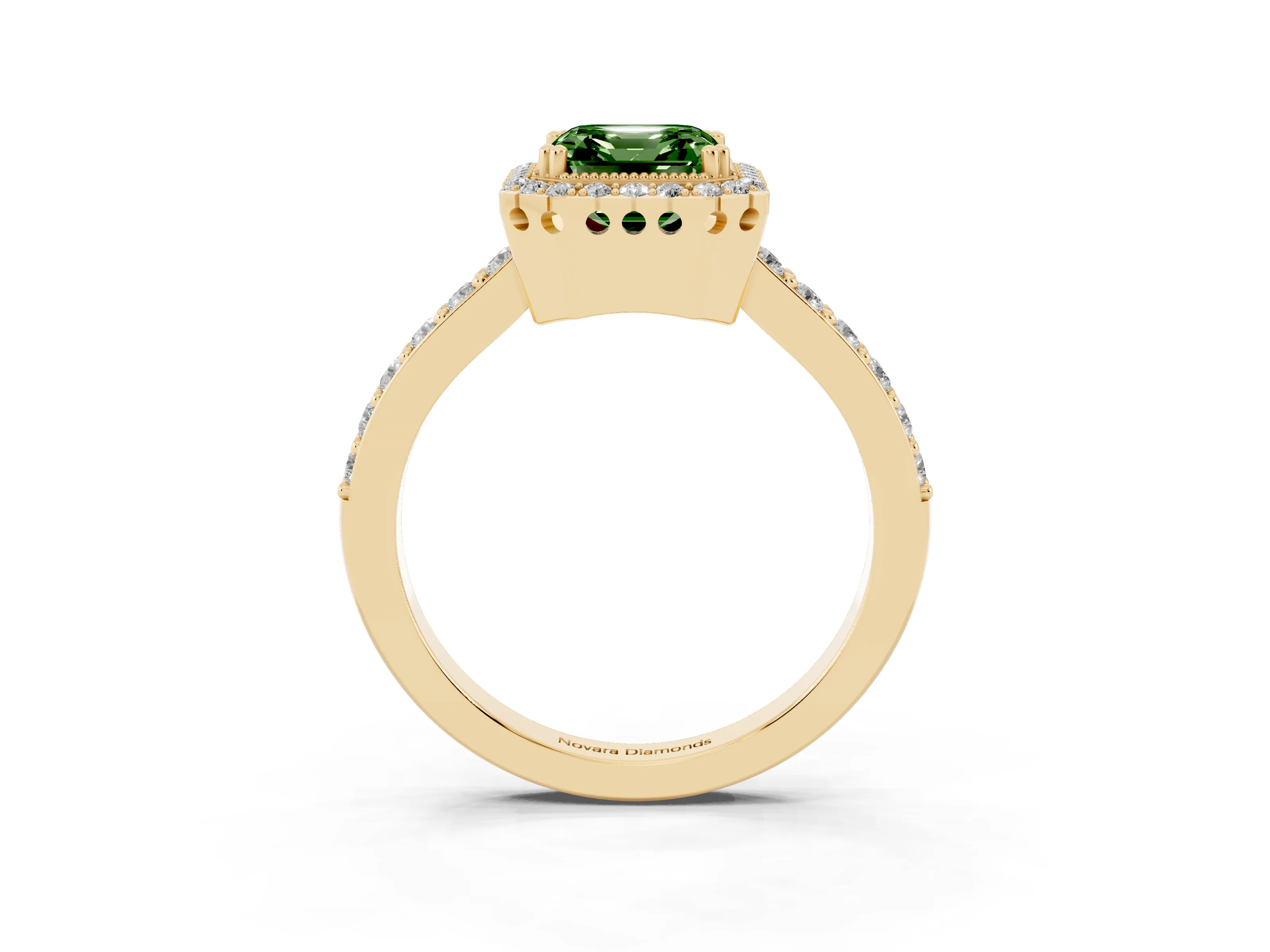 Fancy Green Asscher Cut Diamond Halo Engagement Ring Set in Yellow gold with Milgrain Detail and Pavé Band