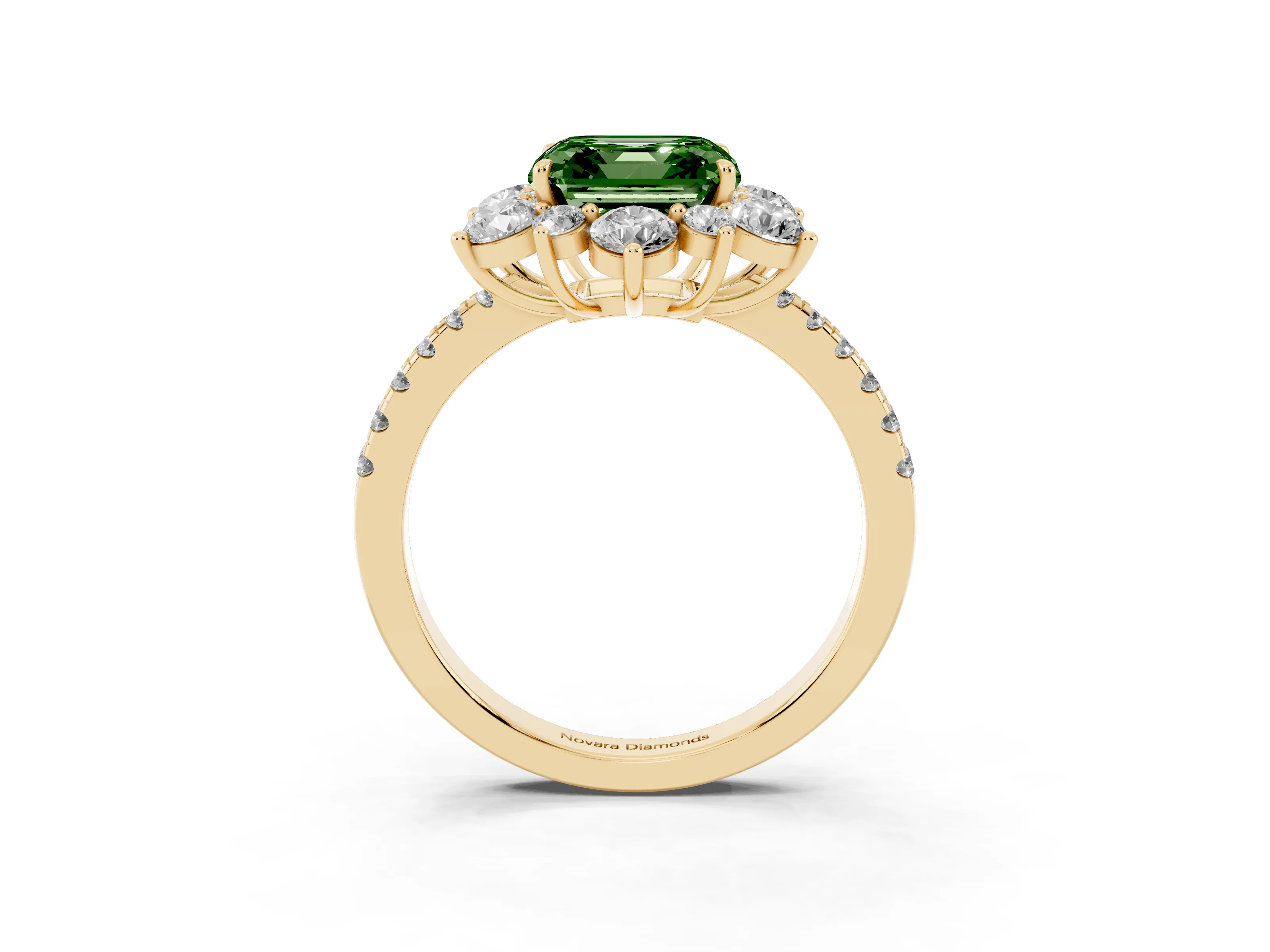 Fancy Green Asscher Cut Diamond Floral Halo Ring Set in Yellow gold with Round Pavé Band and Prong Setting