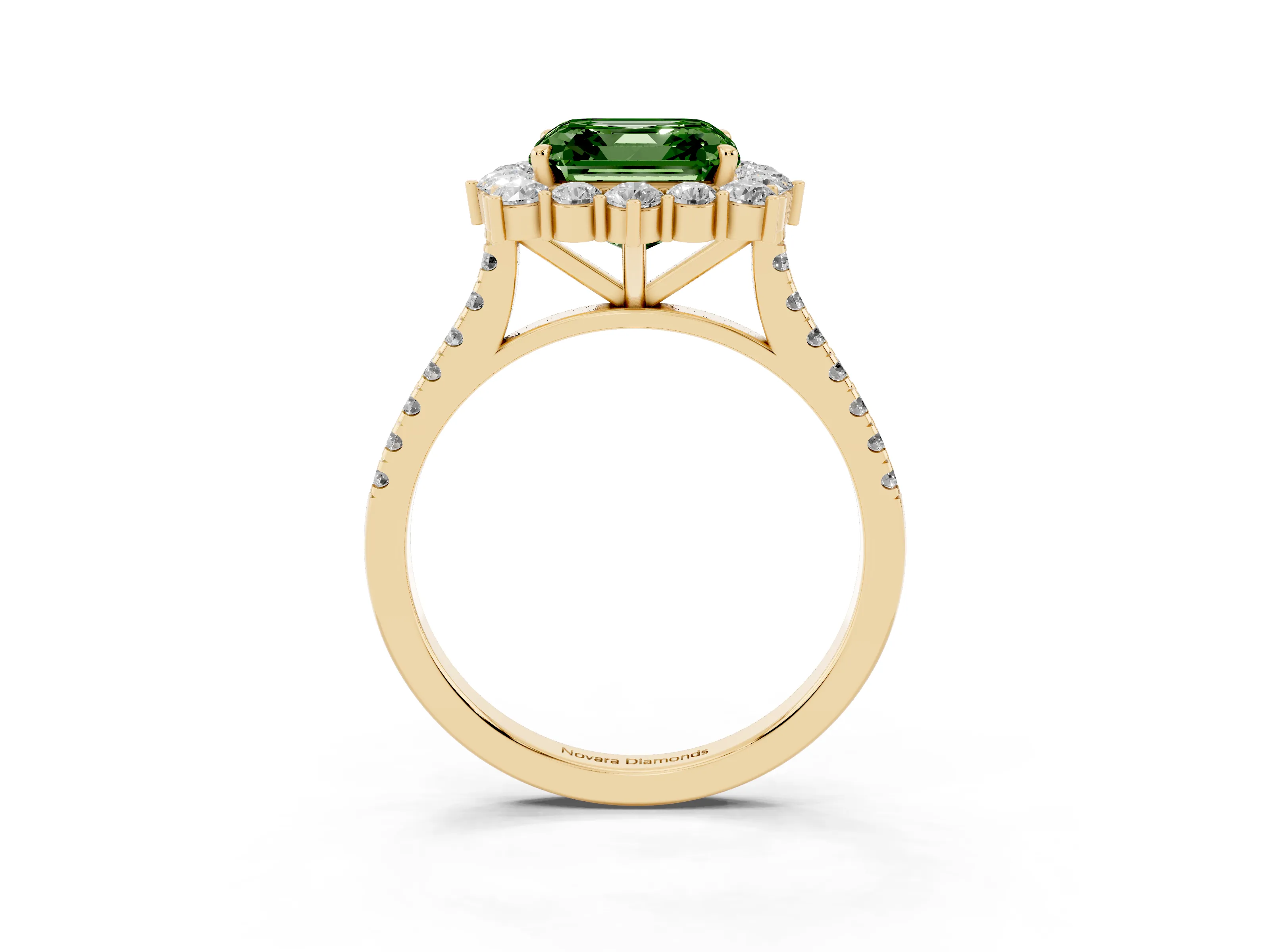 Fancy Green Asscher Cut Diamond Halo Ring Set in Yellow gold with Pavé Band and Prong Setting