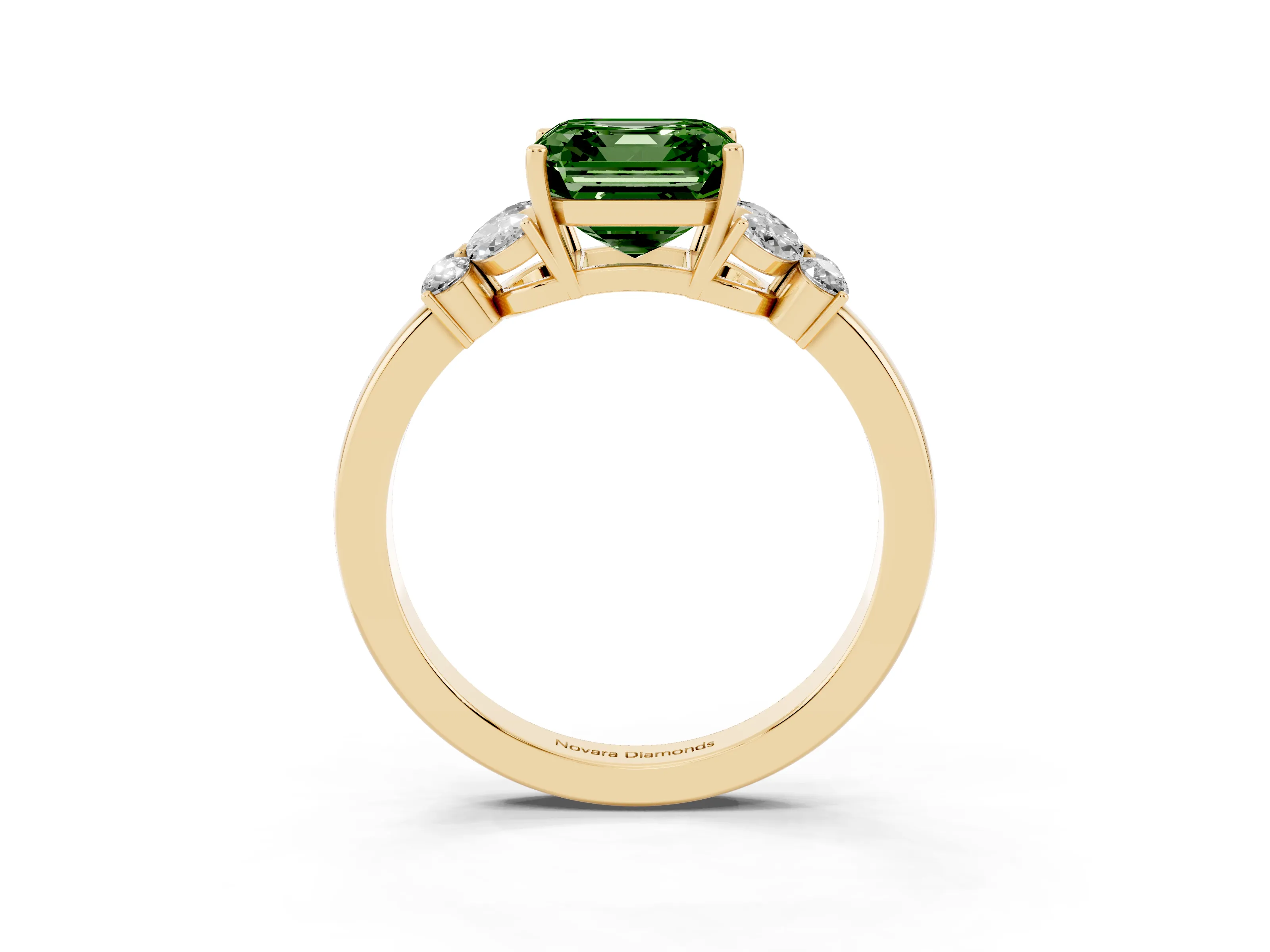 Fancy Green Asscher Cut Diamond Solitaire Floral Ring Set in Yellow gold with Marquise Petals and Prong Setting