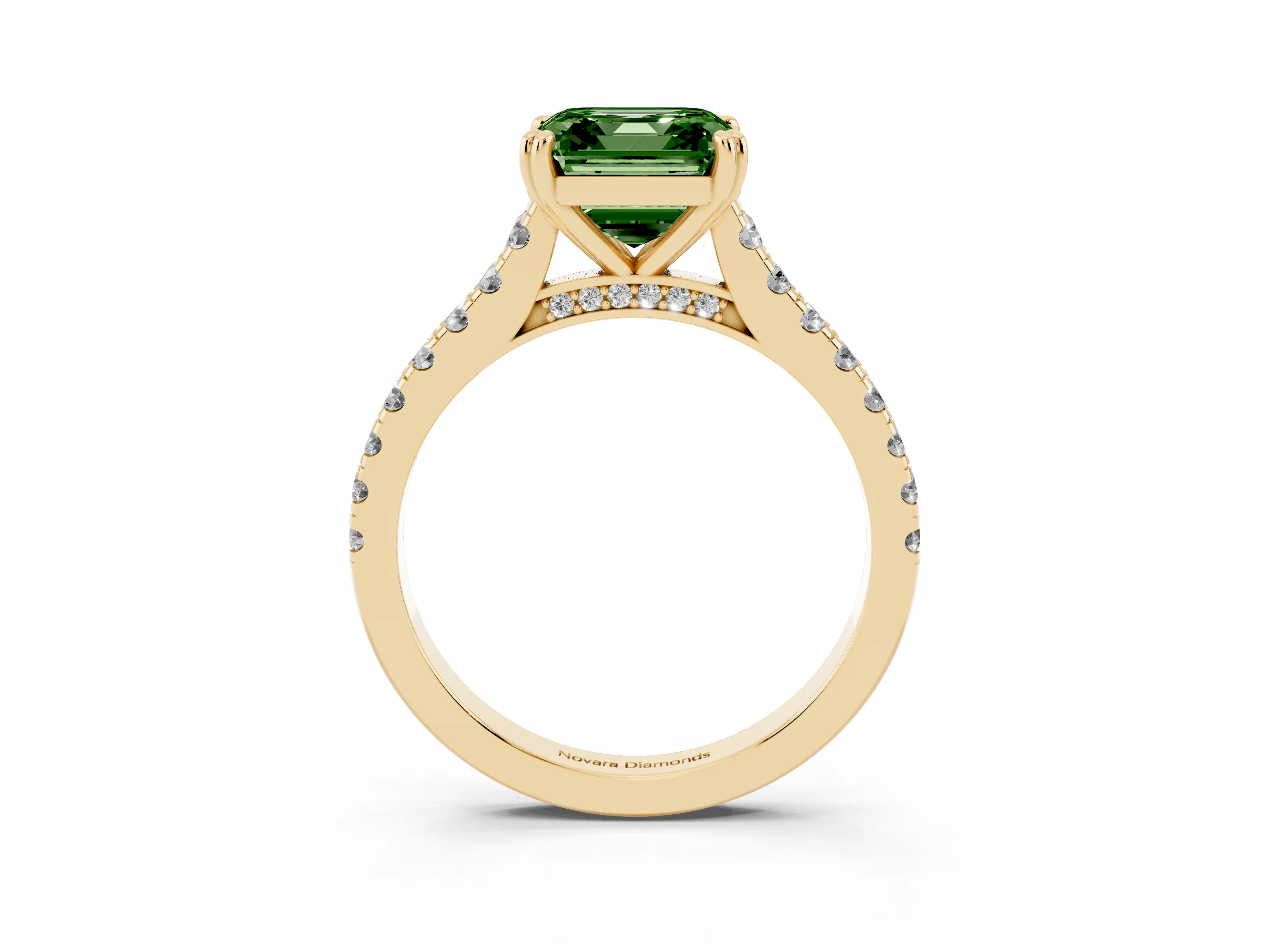 Fancy Green Asscher Cut Diamond Solitaire Engagement Ring Set in Yellow gold with Pavé Accents and Prong Setting