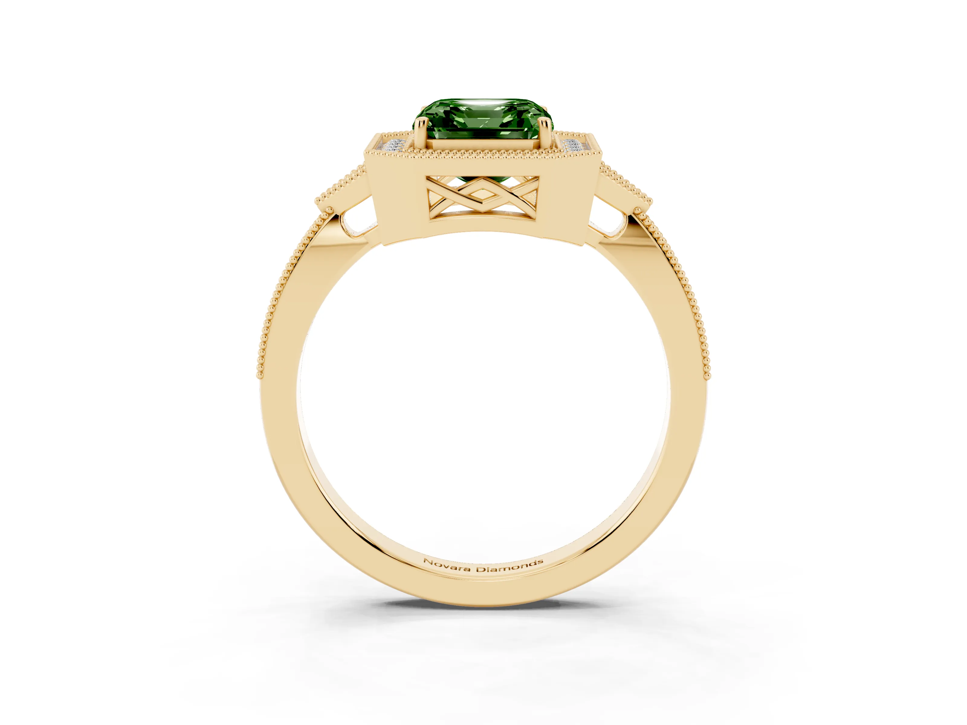 Fancy Green Asscher Cut Diamond Halo Engagement Ring Set in Yellow gold with Milgrain Pavé Band
