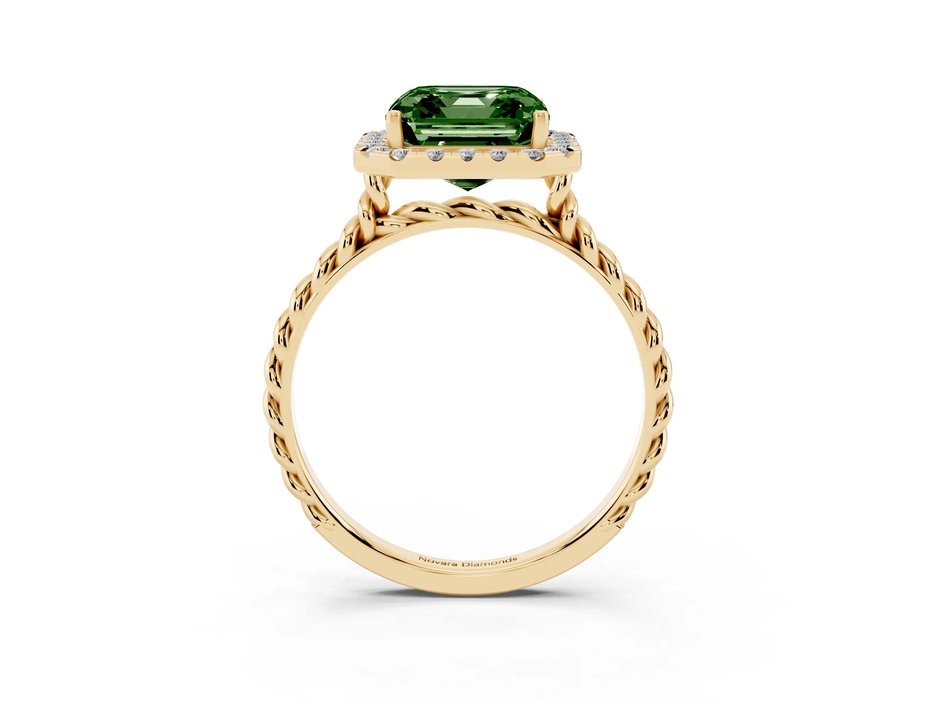 Fancy Green Asscher Cut Diamond Halo Ring Set in Yellow gold with Plain Twisted Band