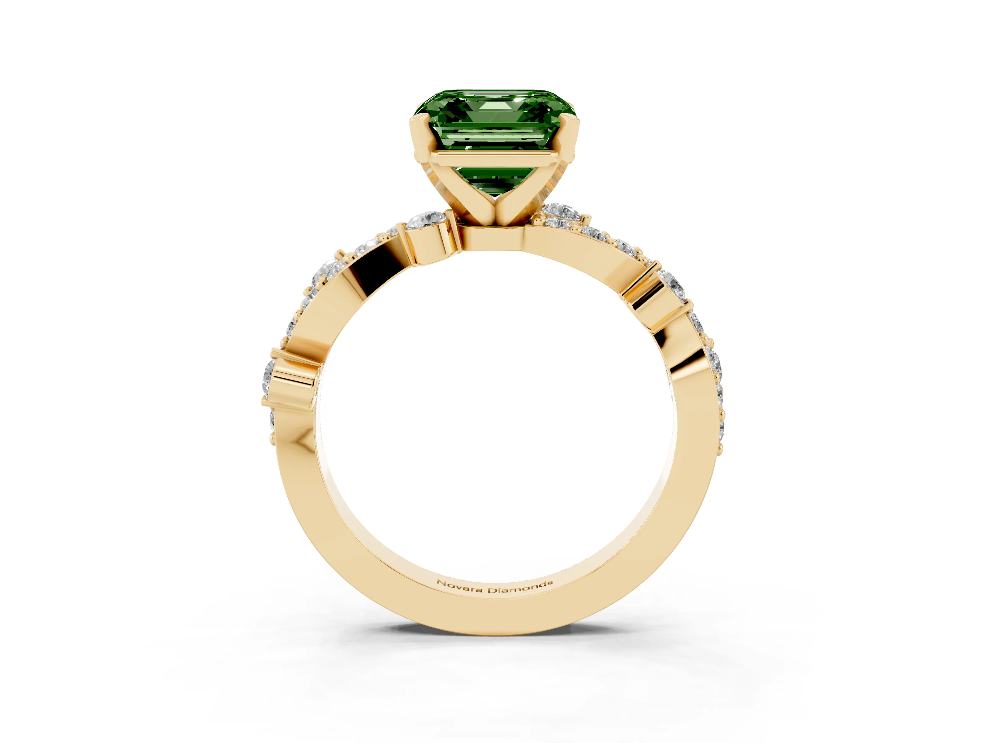 Fancy Green Asscher Cut Diamond Solitaire Twisted Band Set in Yellow gold with Pavé Setting