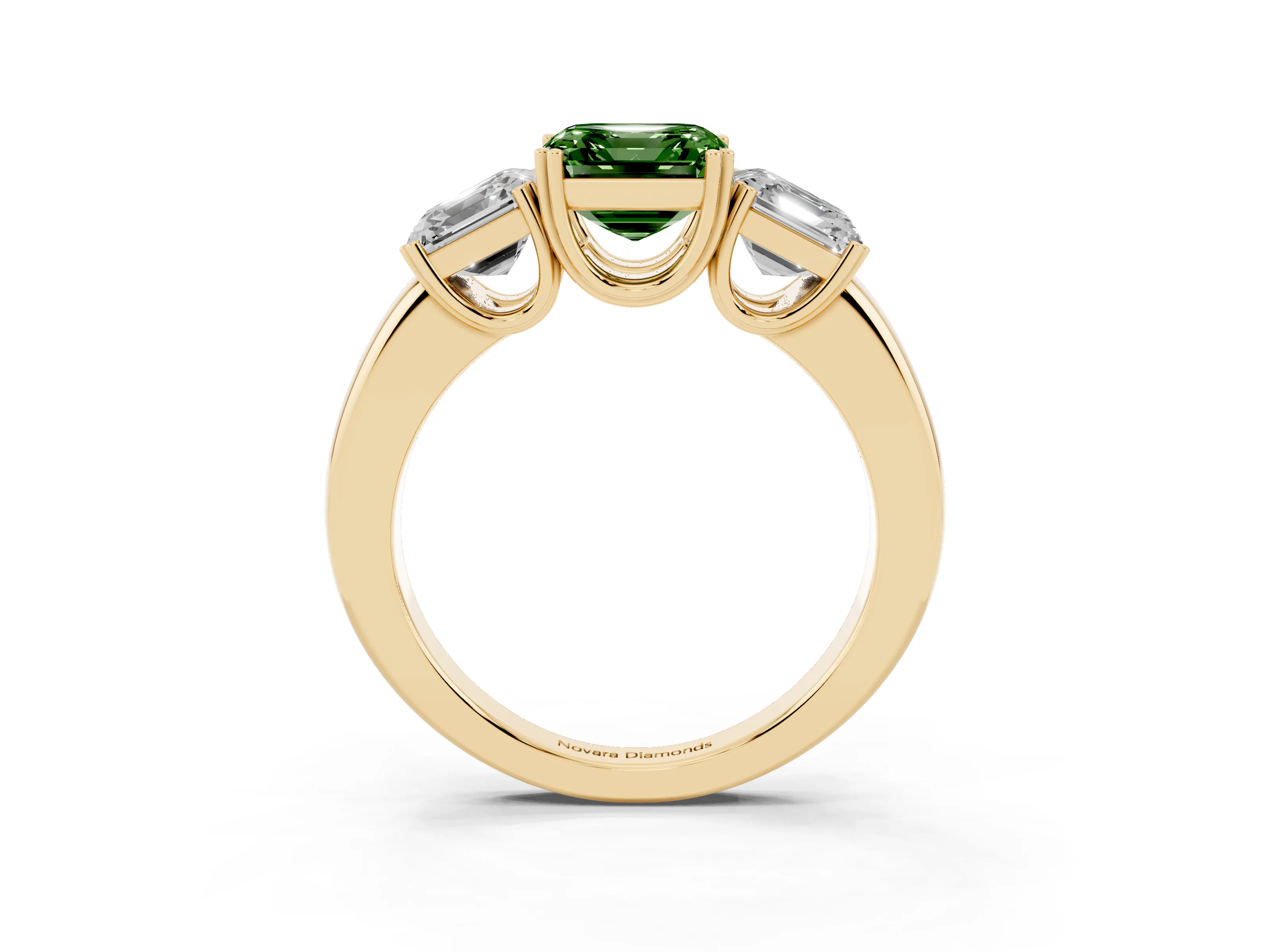 Fancy Green Asscher Cut Diamond Three-Stone Ring Set in Yellow gold with Polished Band and Prong Setting