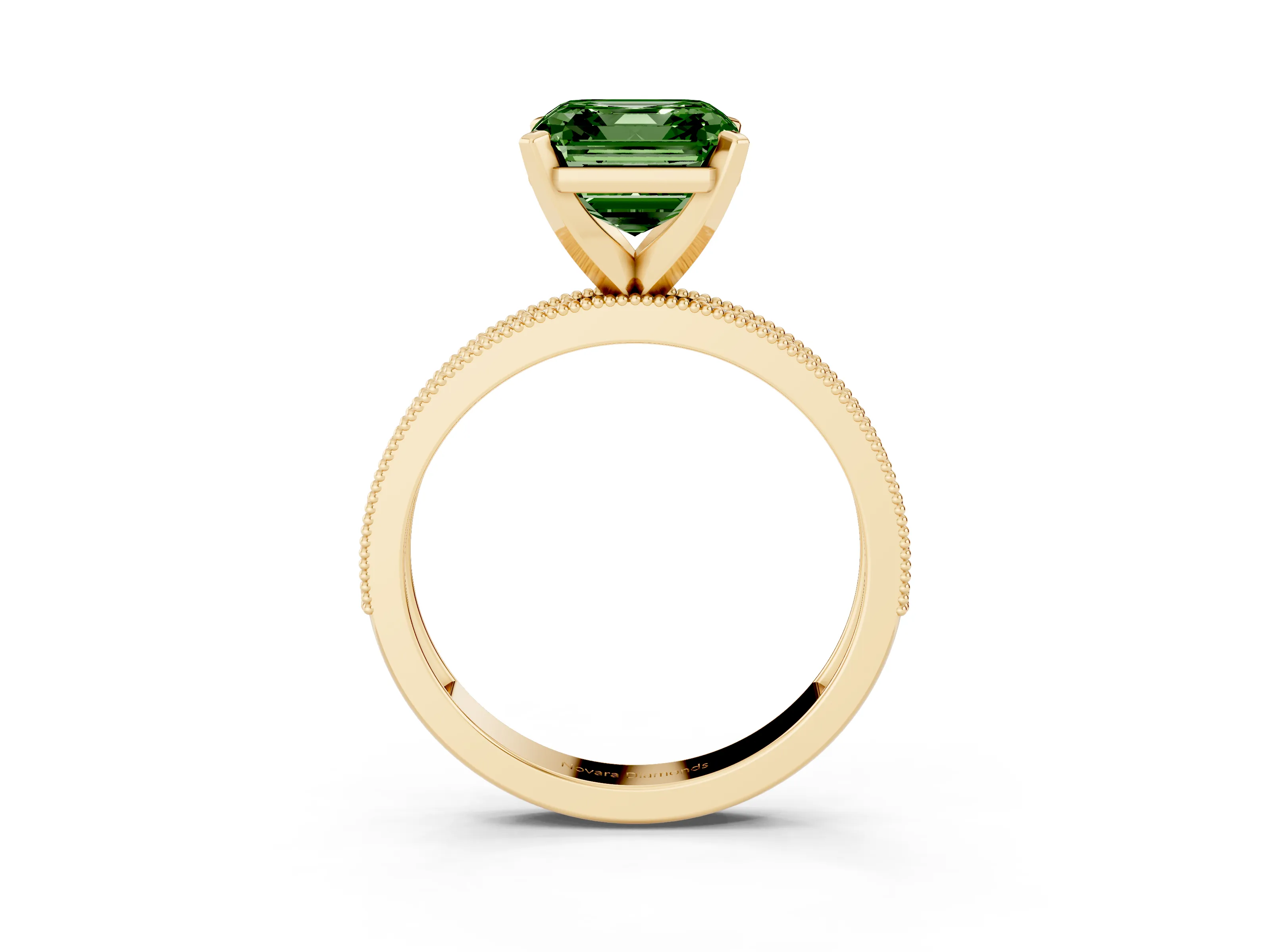 Fancy Green Asscher Cut Diamond Milgrain Pavé Engagement Ring Set in Yellow gold with Prong Setting