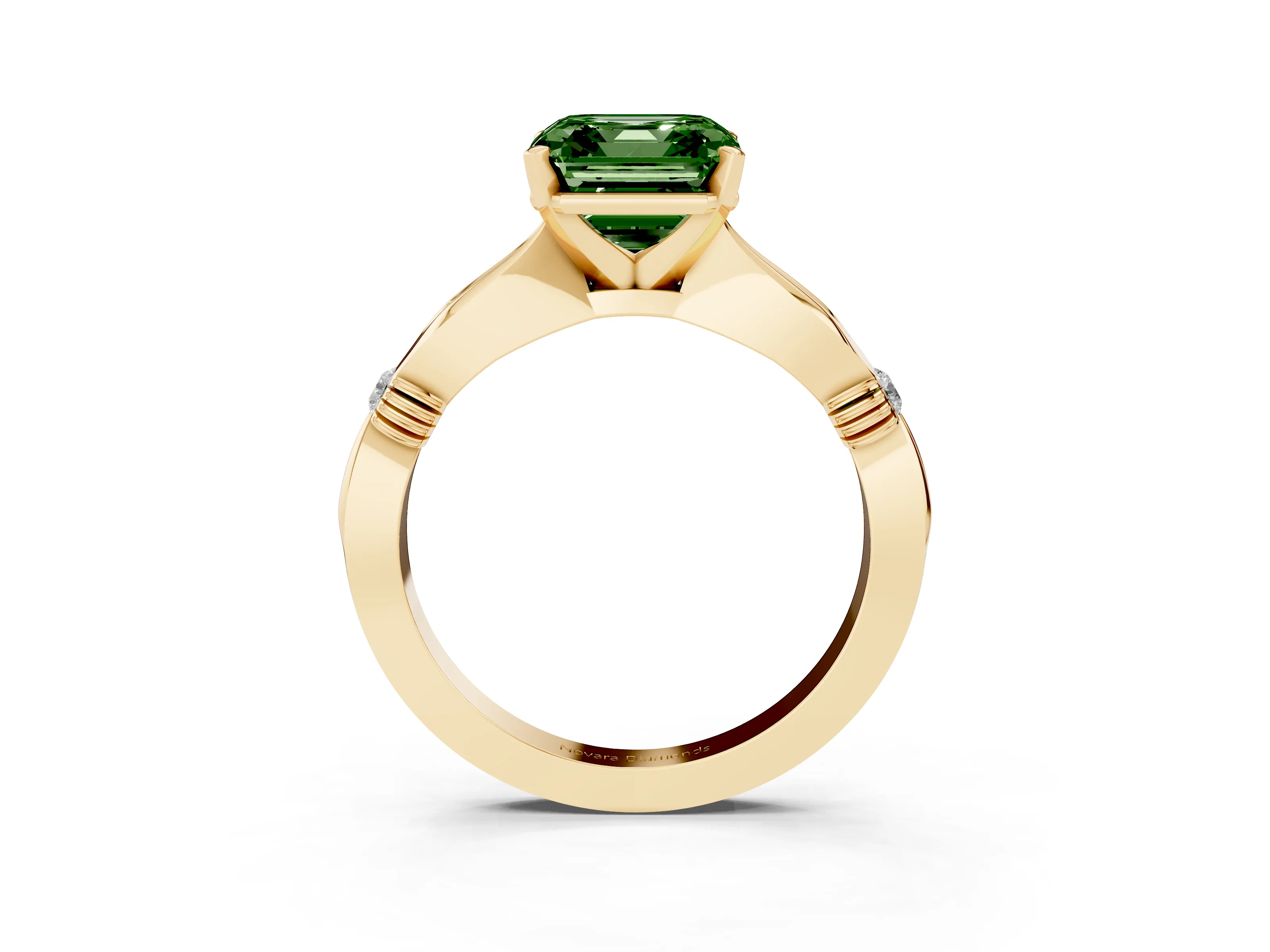 Fancy Green Asscher Cut Diamond Solitaire Twisted Band Ring Set in Yellow gold with Accent Stones and Prong Setting