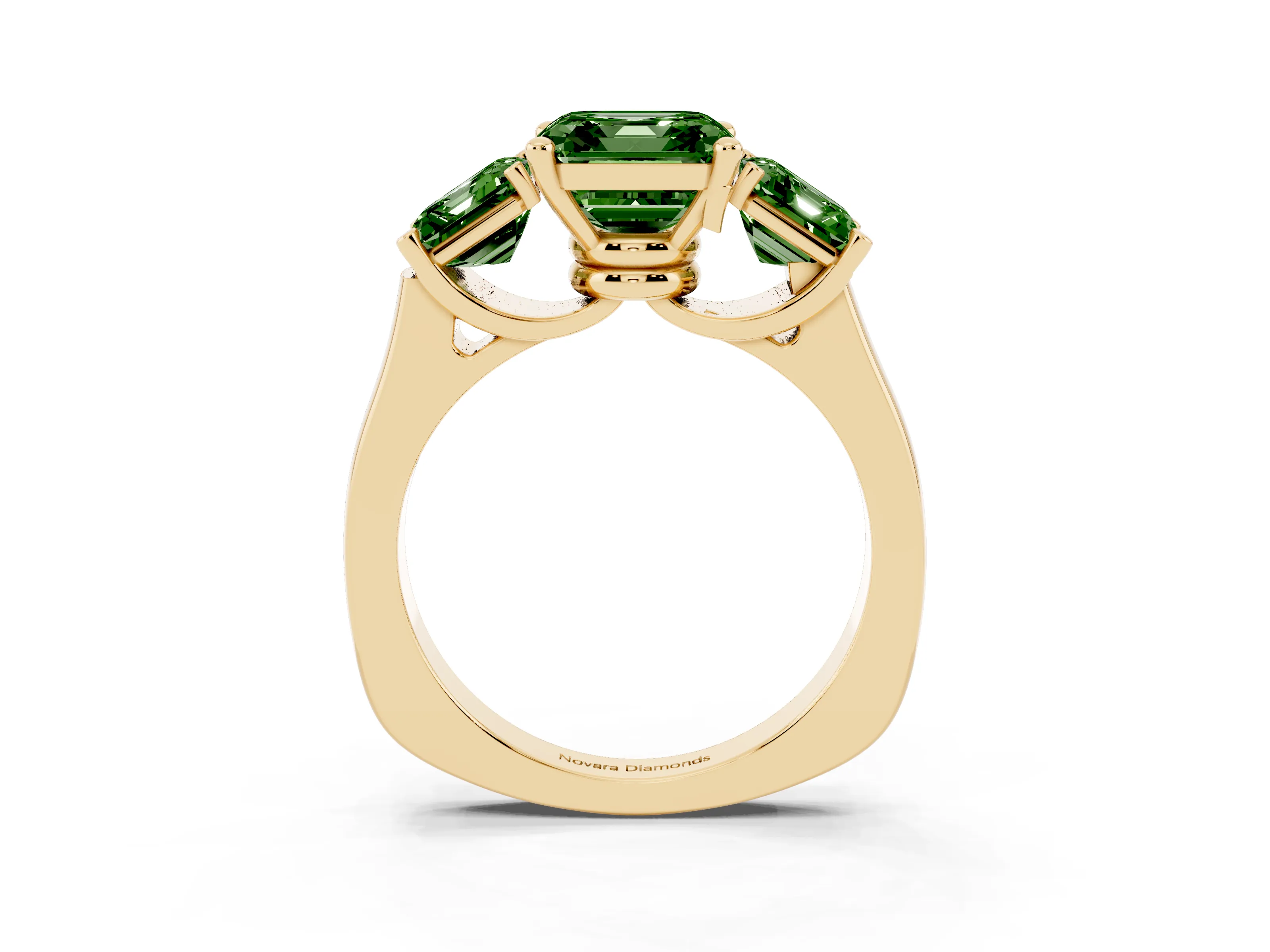Fancy Green Asscher Cut Diamond Three-Stone Trellis Ring Set in Yellow gold with Comfort Fit Band
