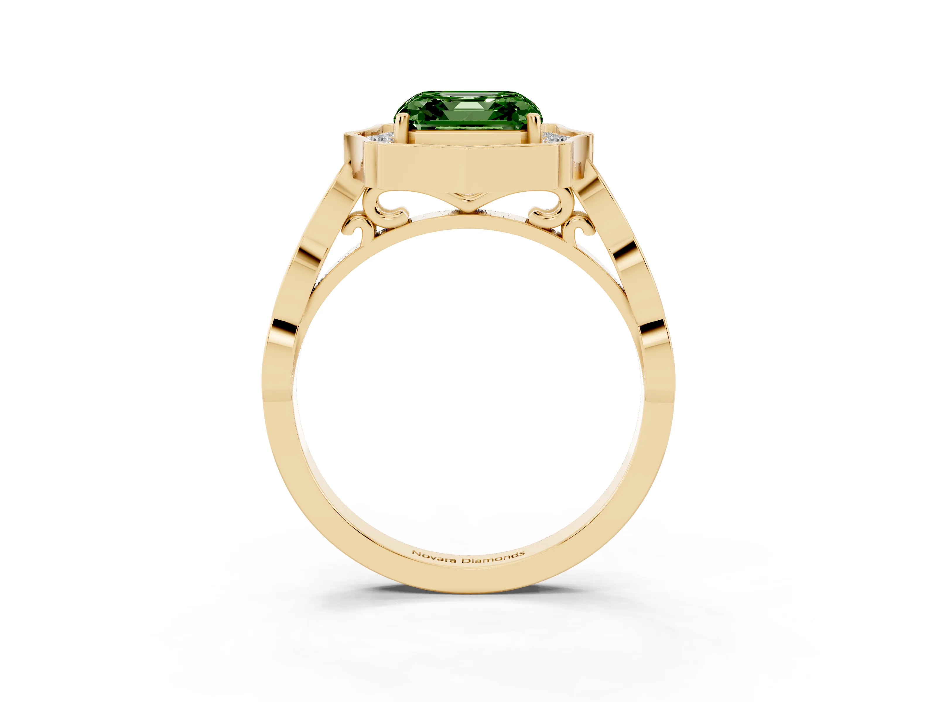 Fancy Green Asscher Cut Diamond Halo Engagement Ring Set in Yellow gold with Milgrain Band and Prong Setting