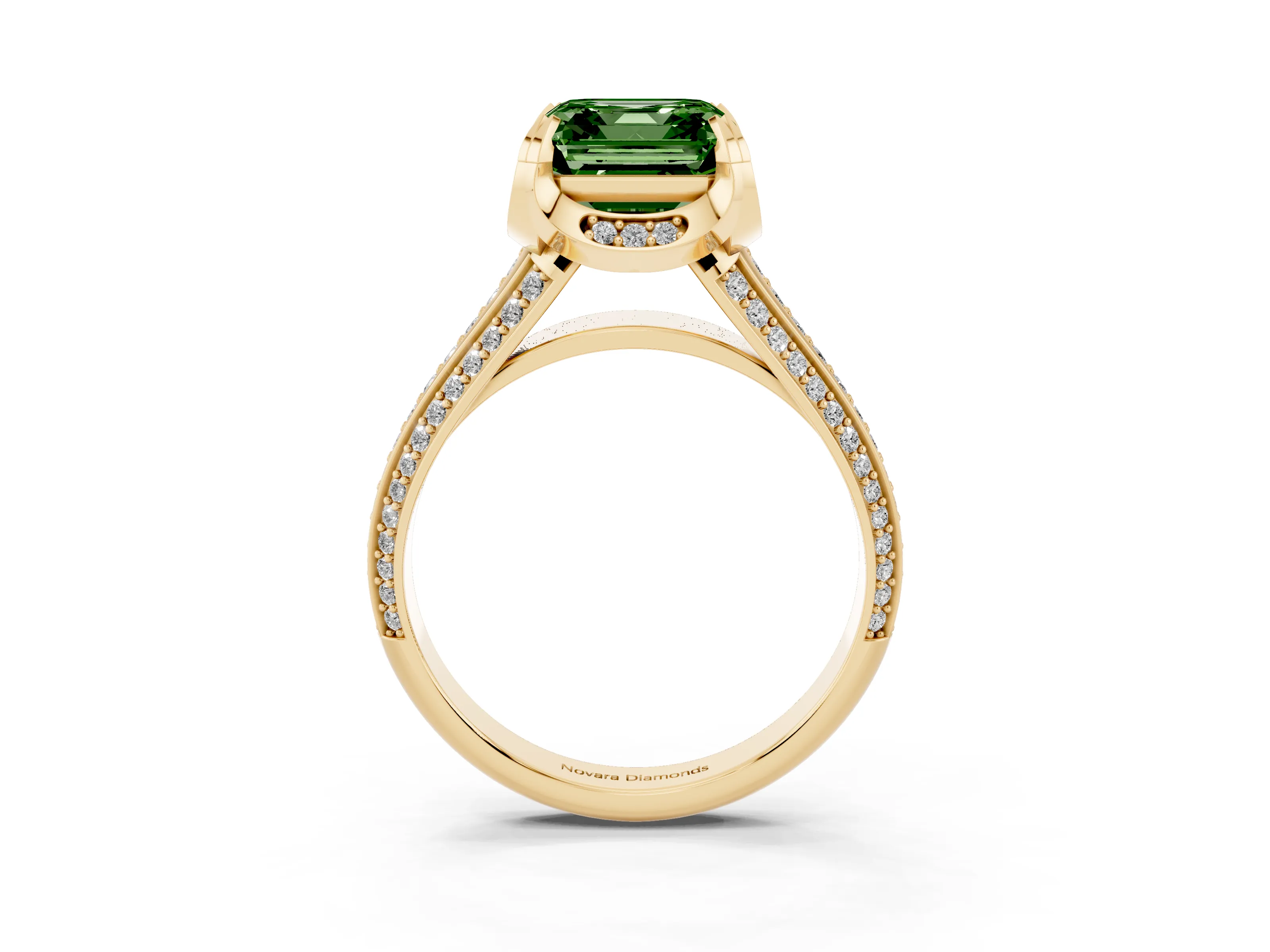 Fancy Green Asscher Cut Diamond Pavé Split Shank Solitaire Ring Set in Yellow gold with Prong Setting