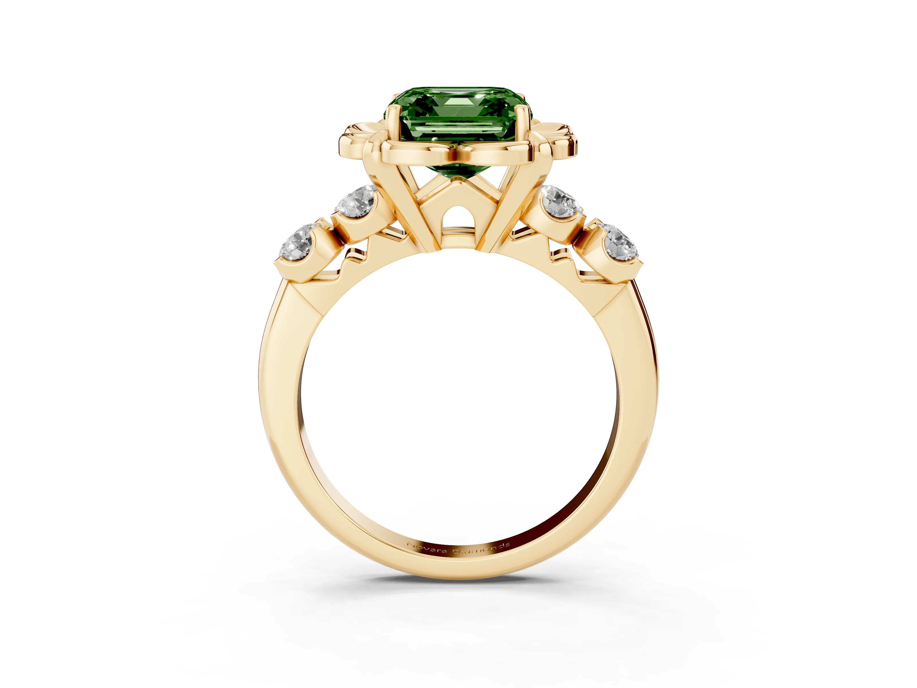 Fancy Green Asscher Cut Diamond Floral Halo Ring Set in Yellow gold with Shared Prong Band