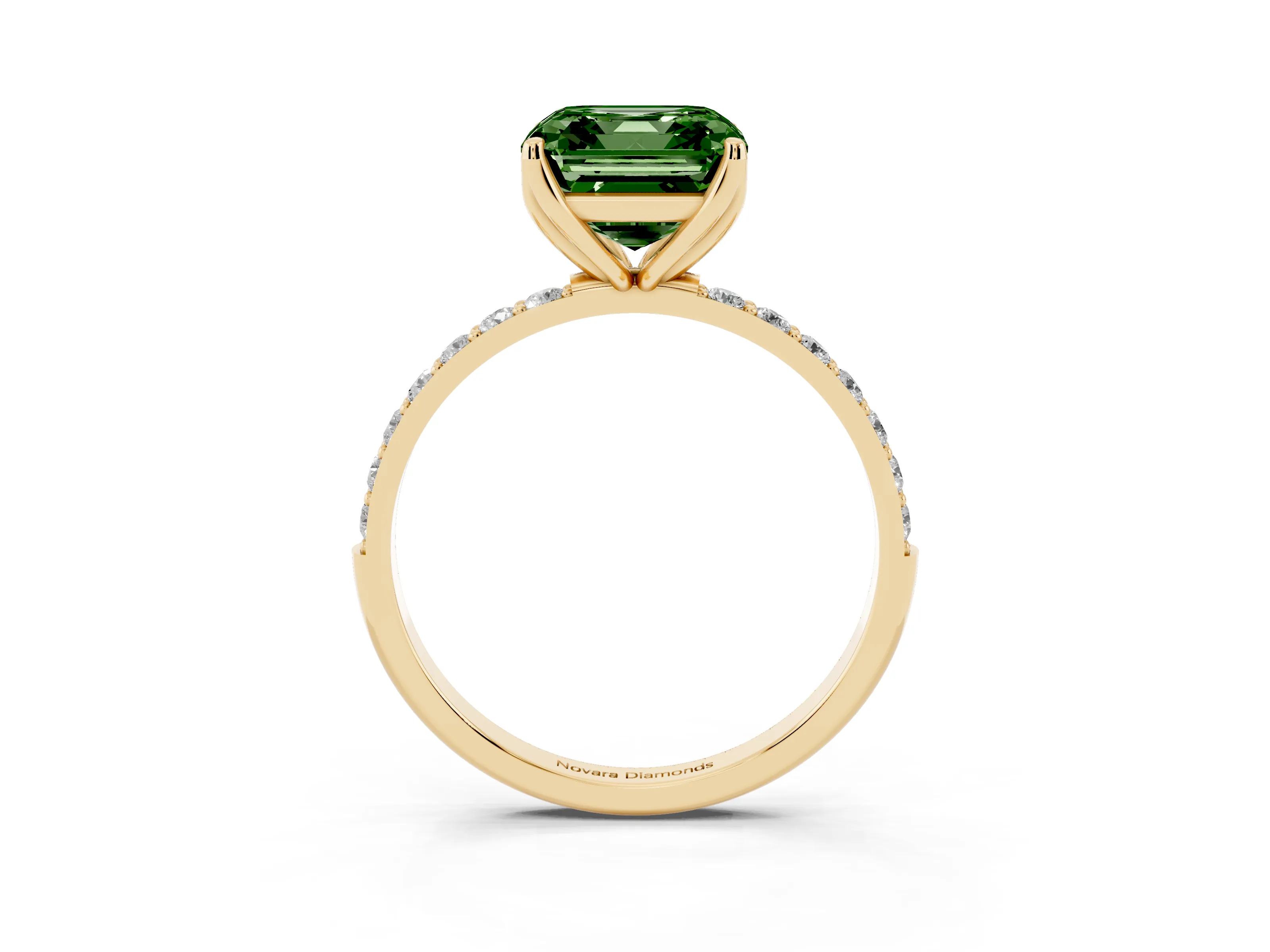 Fancy Green Asscher Cut Diamond Solitaire Engagement Ring Set in Yellow gold with Round Pavé Band and Prong Setting