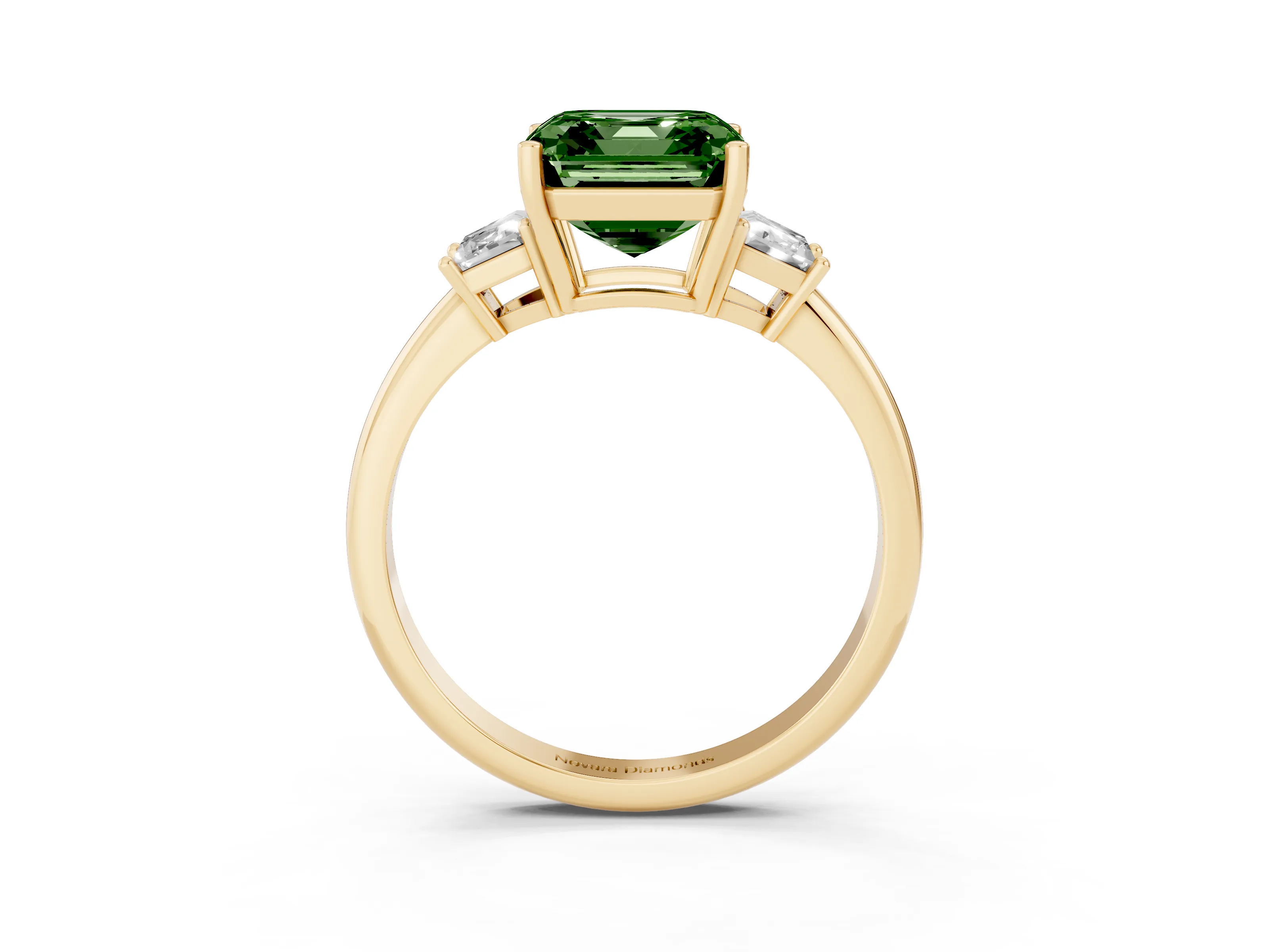Fancy Green Asscher Cut Diamond Three-Stone Ring Set in Yellow gold with Trapezoid Side Stones and Prong Setting