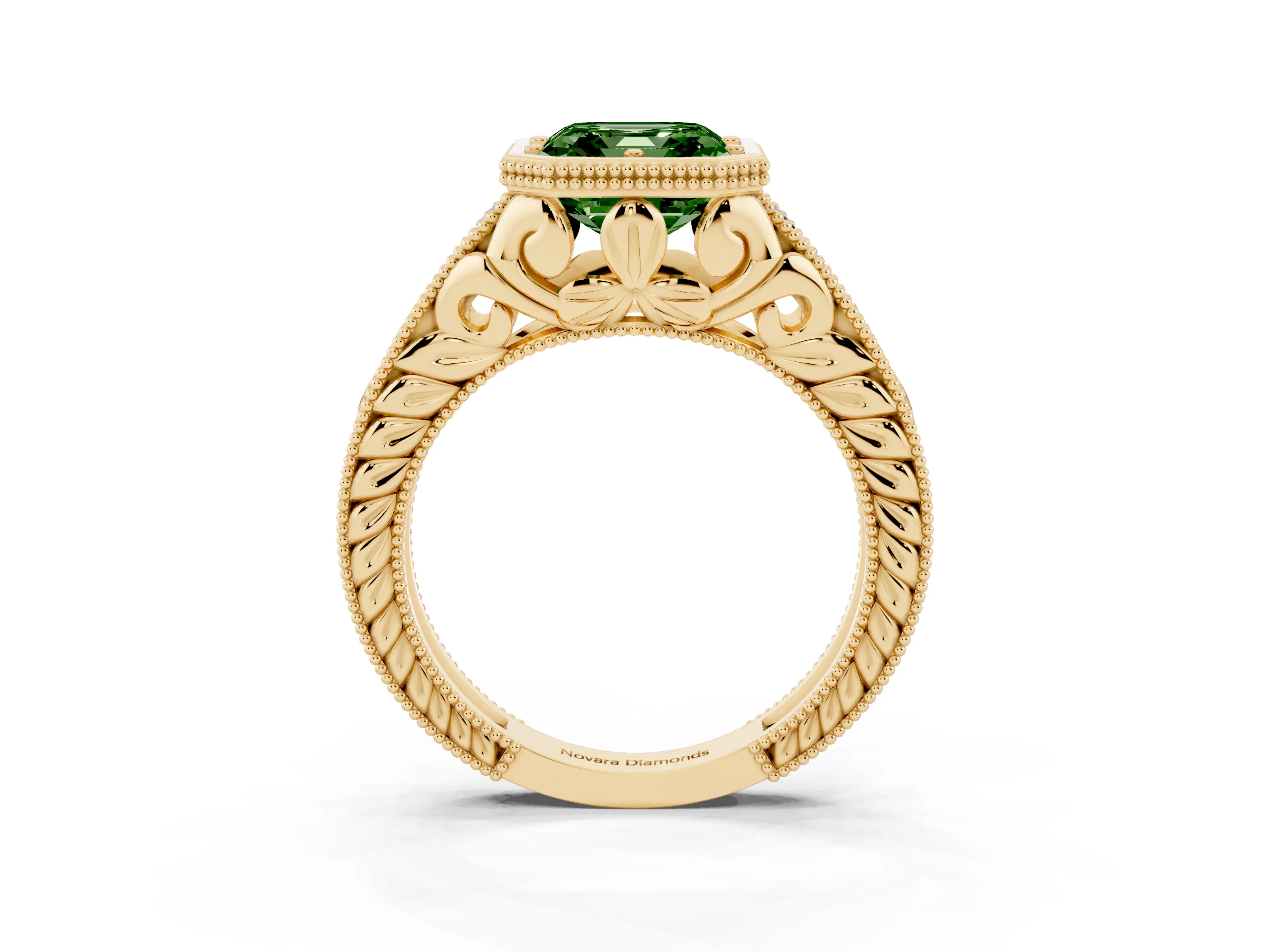 Fancy Green Bezel Set Asscher Cut Diamond Milgrain Pavé Engagement Ring Set in Yellow gold