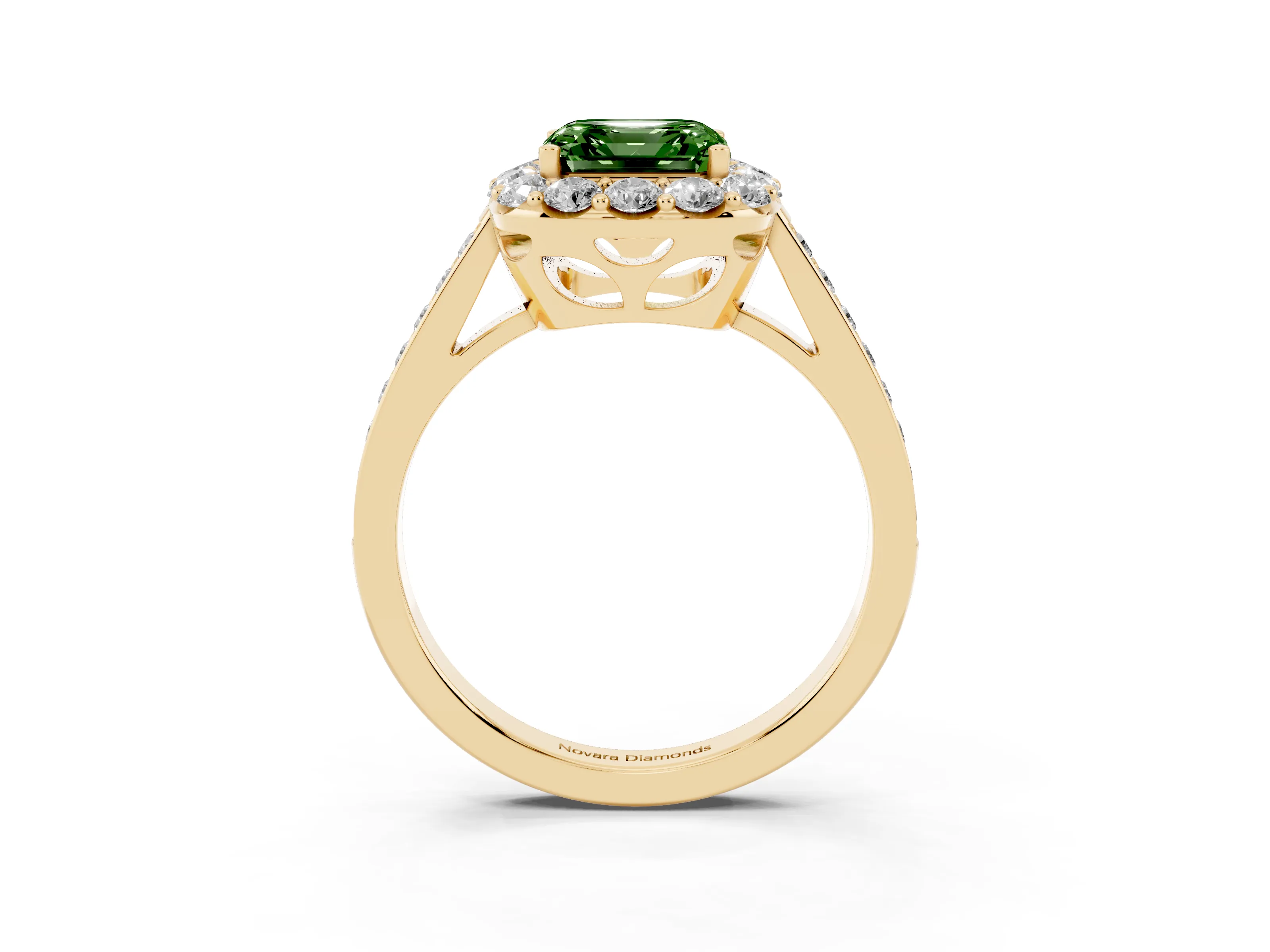 Fancy Green Asscher Cut Diamond Floral Halo Ring Set in Yellow gold with Pavé Band and Prong Setting