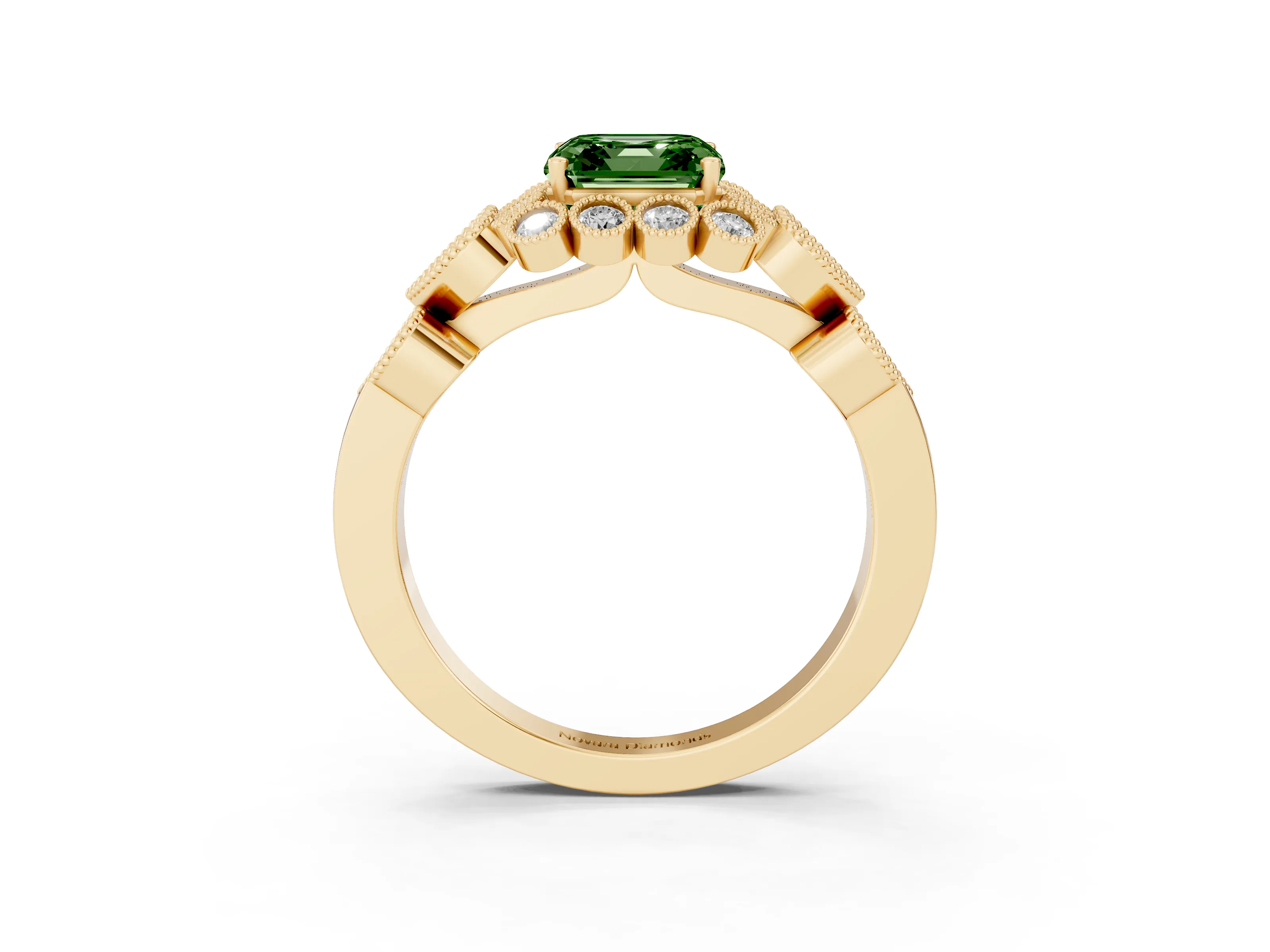 Fancy Green Asscher Cut Diamond Solitaire Ring Set in Yellow gold with Milgrain Pavé Heart Band